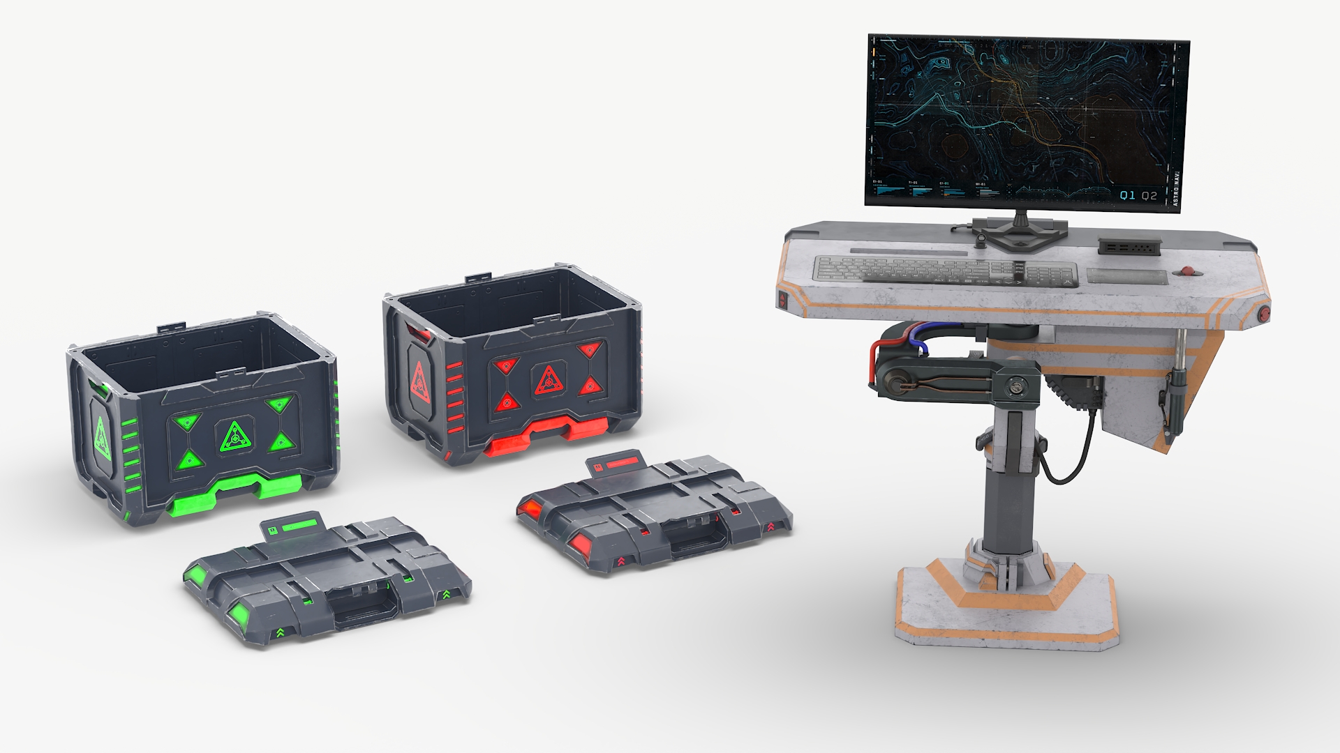 3D Sci-Fi Command Console and Futuristic Containers model