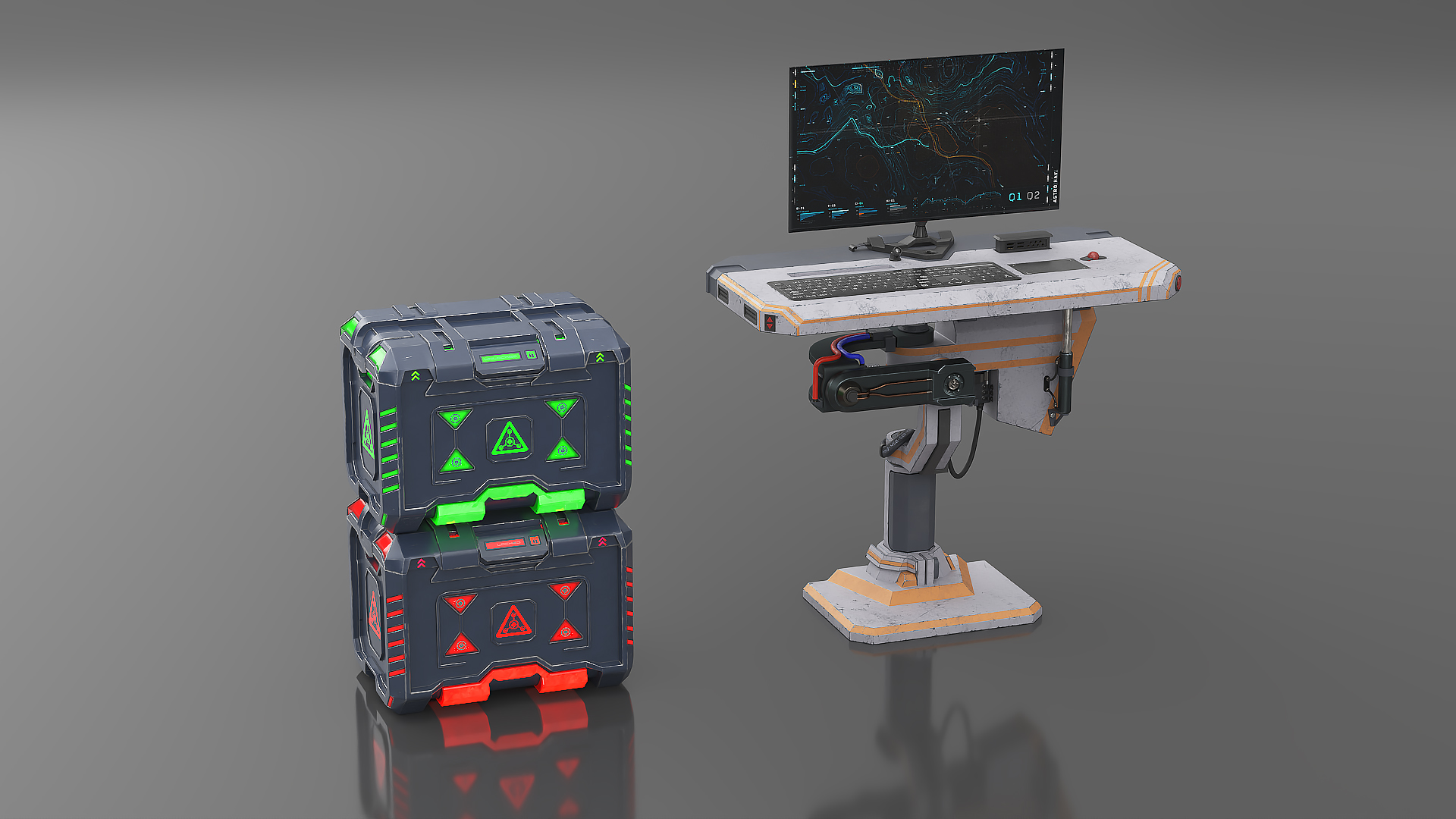 3D Sci-Fi Command Console and Futuristic Containers model