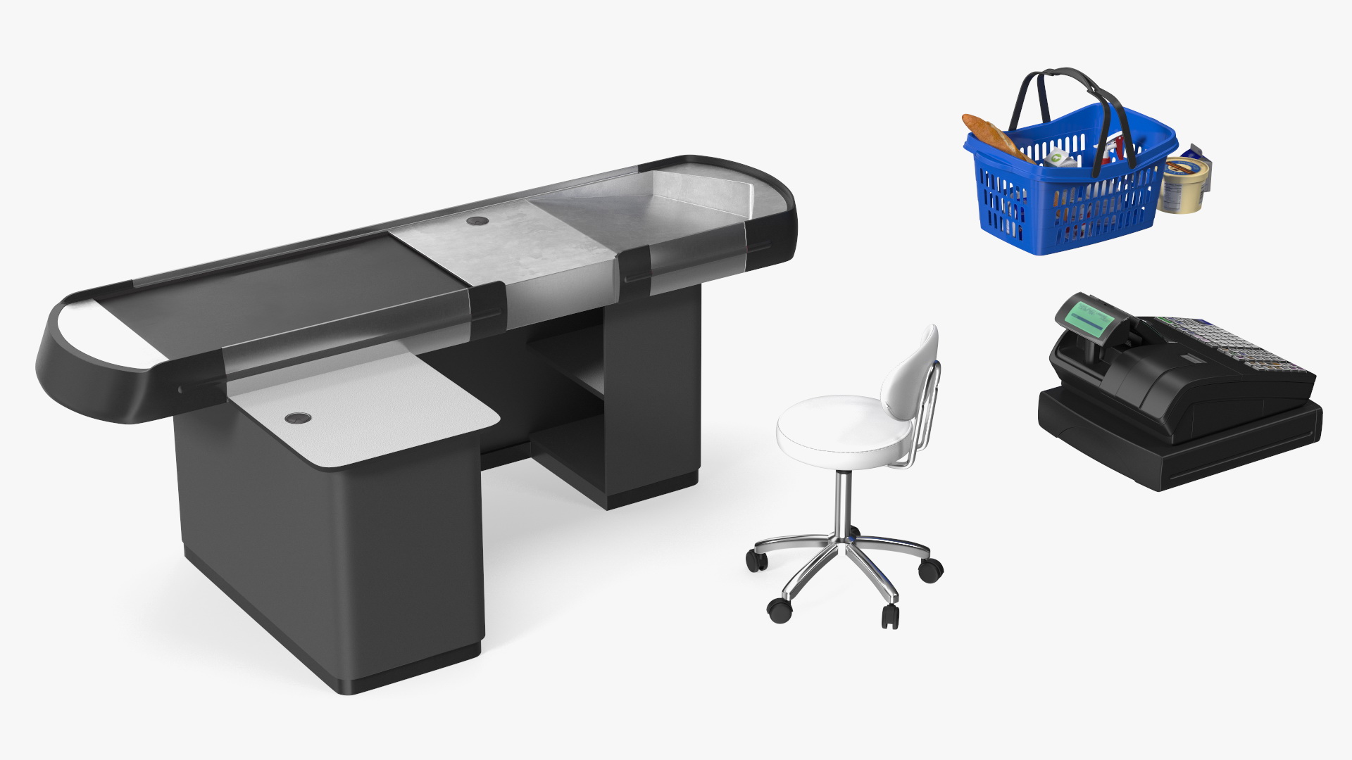 3D Retail Checkout Counter Grey with Groceries model