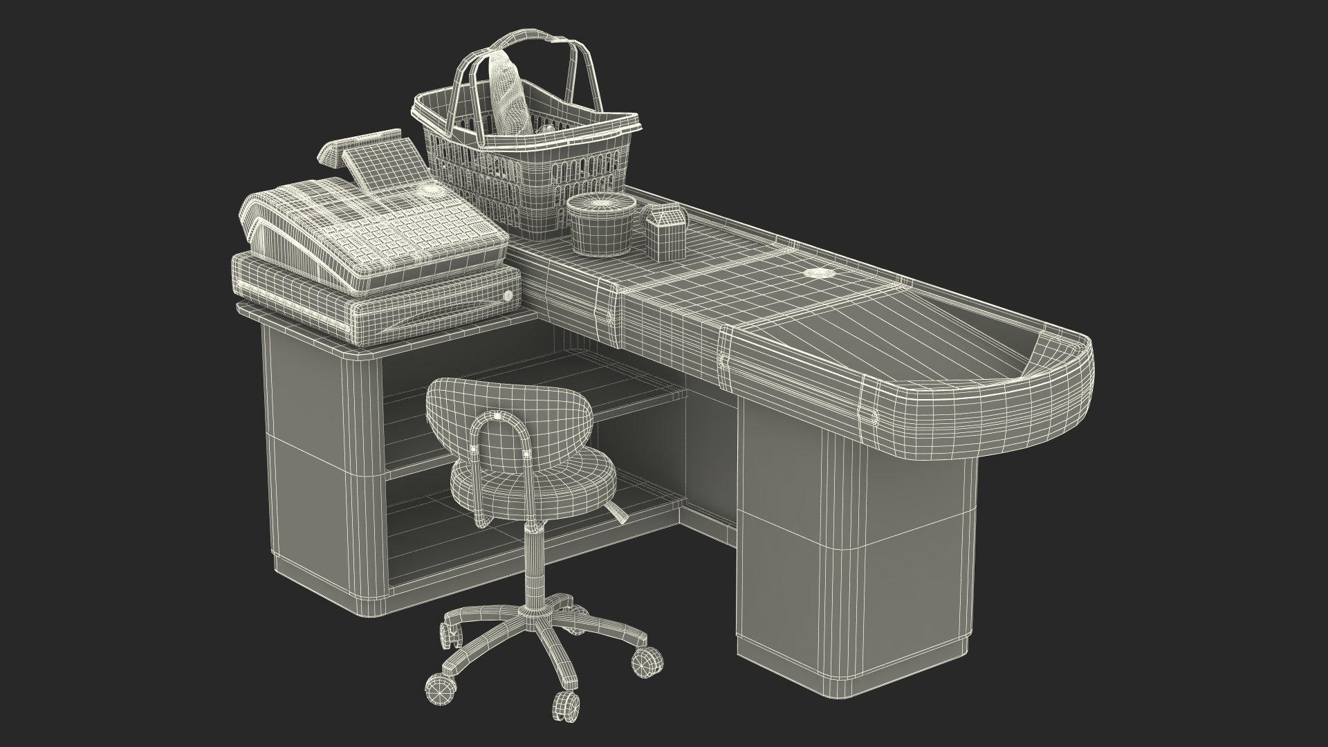 3D Retail Checkout Counter Grey with Groceries model