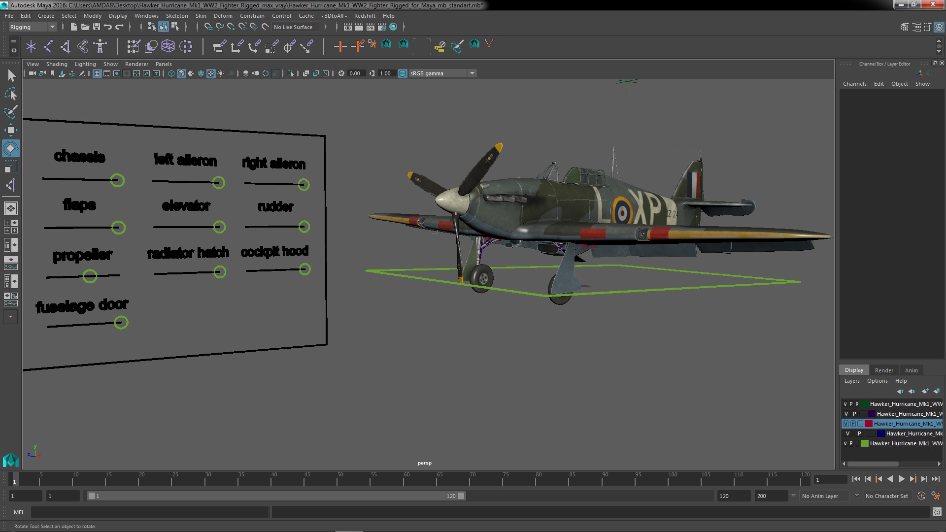 3D Hawker Hurricane Mk1 WW2 Fighter Rigged for Maya model