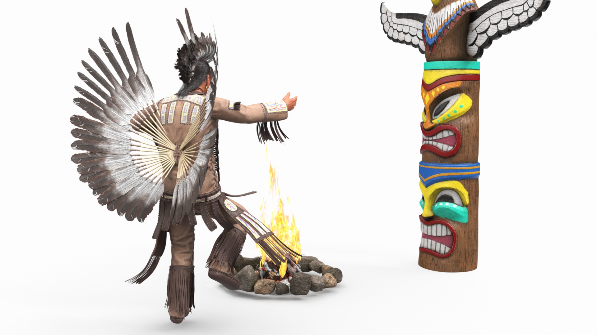 3D Native American Indian and Totem with Campfire