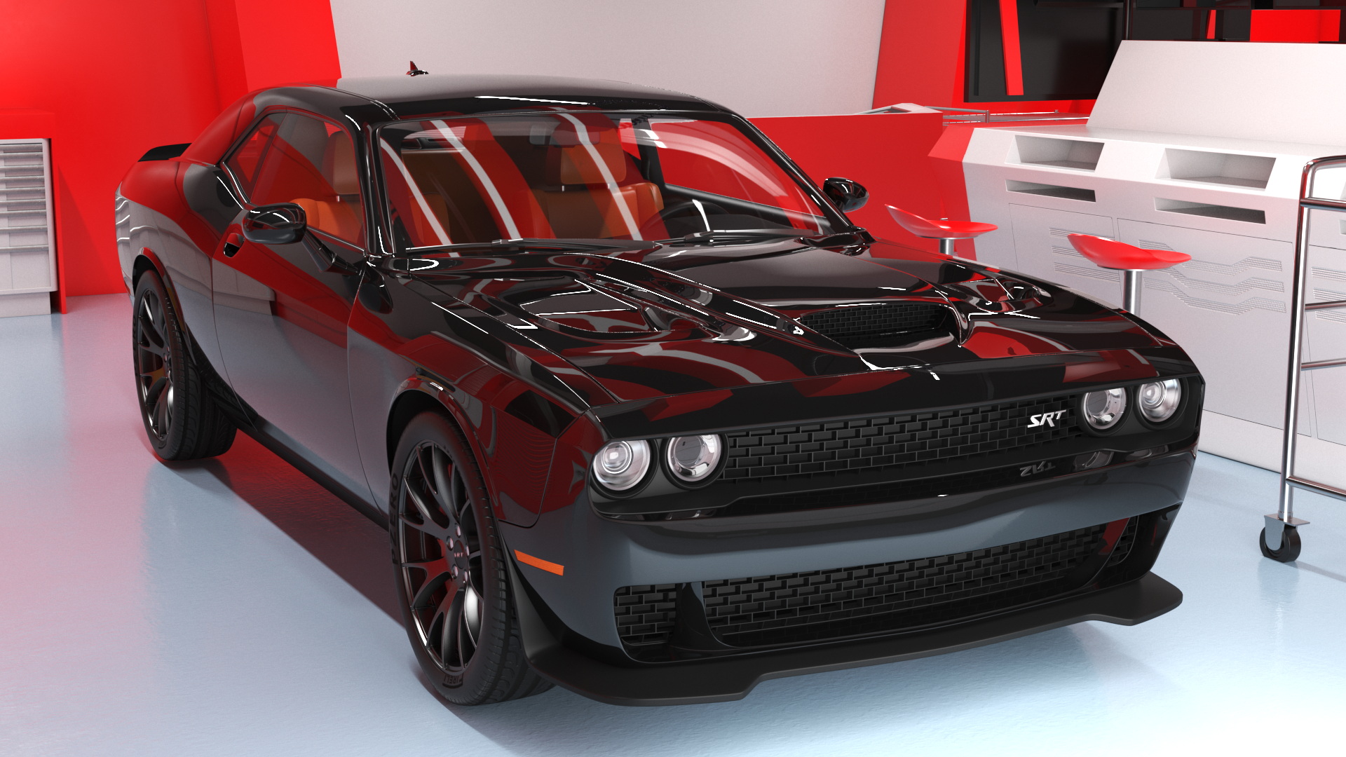 3D Racing Pit Garage and Dodge Challenger model