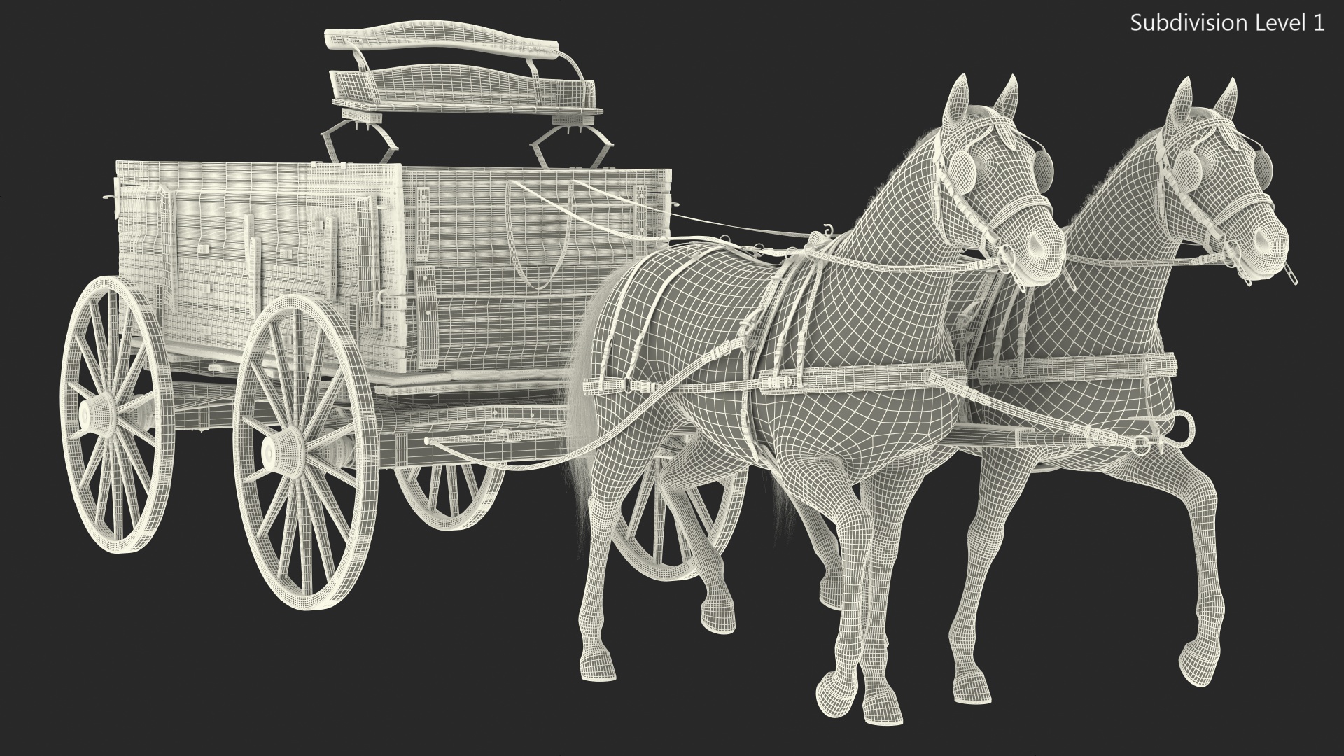 Pair Of Horses Pulling Wagon Fur 3D