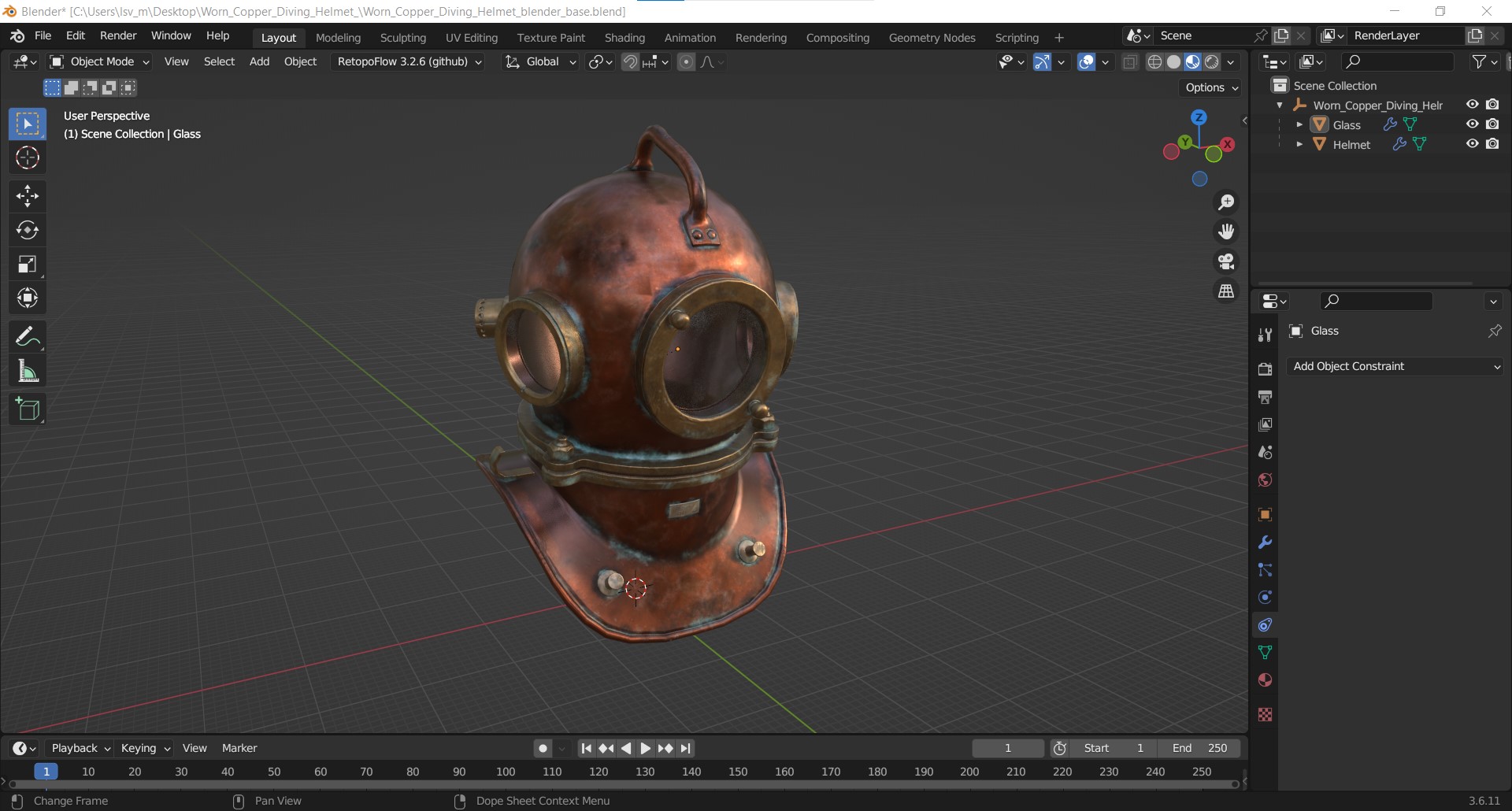 3D model Worn Copper Diving Helmet