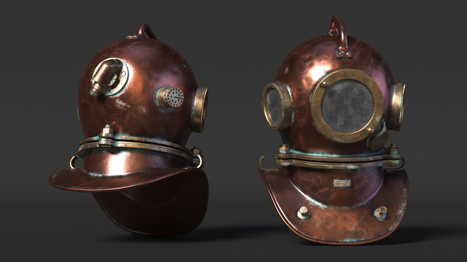 3D model Worn Copper Diving Helmet