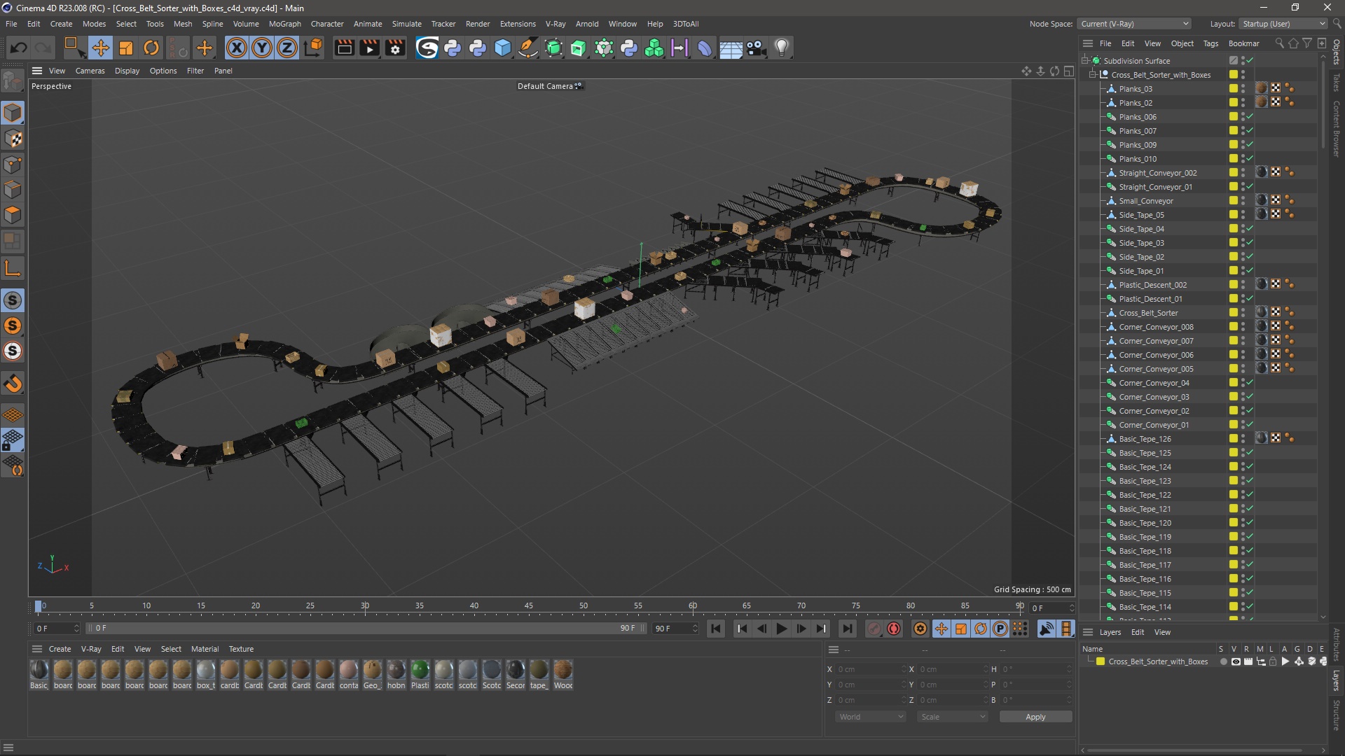 3D Cross Belt Sorter with Boxes model