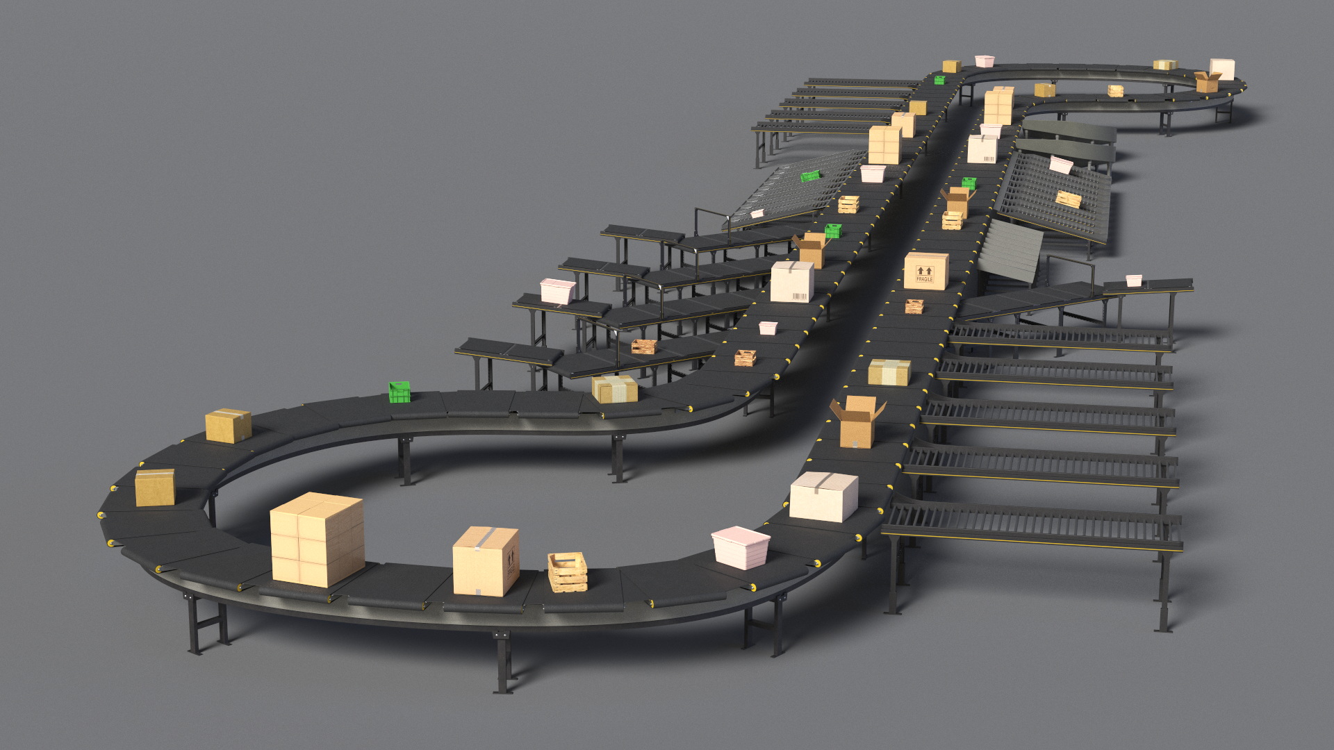 3D Cross Belt Sorter with Boxes model