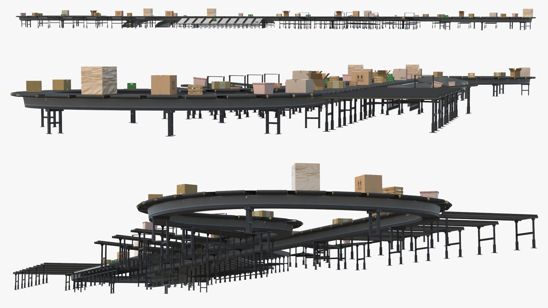 3D Cross Belt Sorter with Boxes model