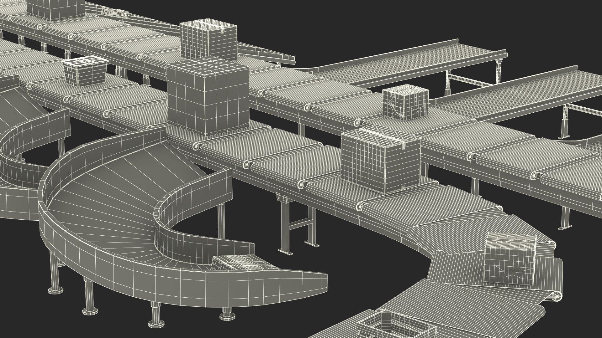 3D Cross Belt Sorter with Boxes model