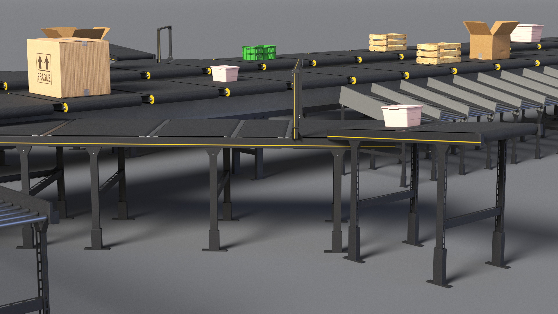 3D Cross Belt Sorter with Boxes model