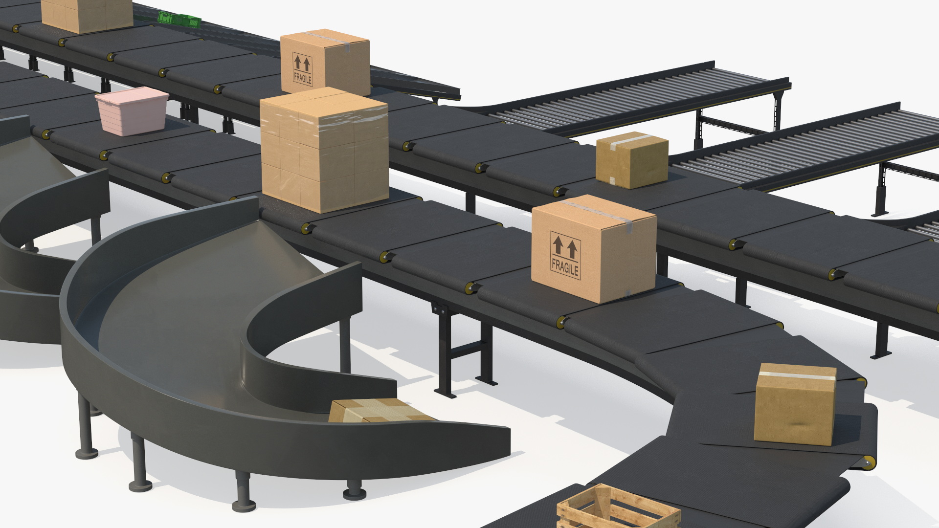 3D Cross Belt Sorter with Boxes model