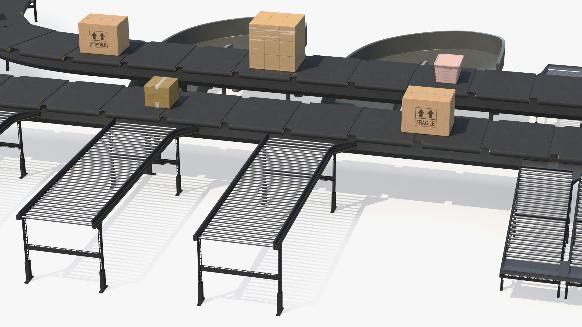 3D Cross Belt Sorter with Boxes model