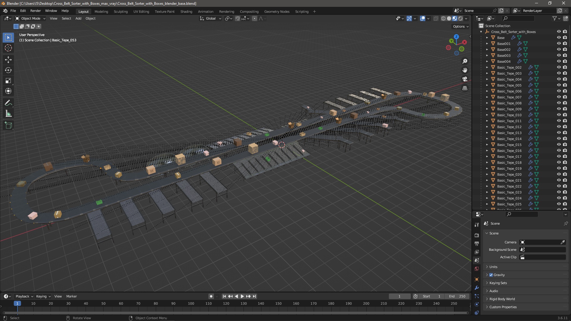 3D Cross Belt Sorter with Boxes model