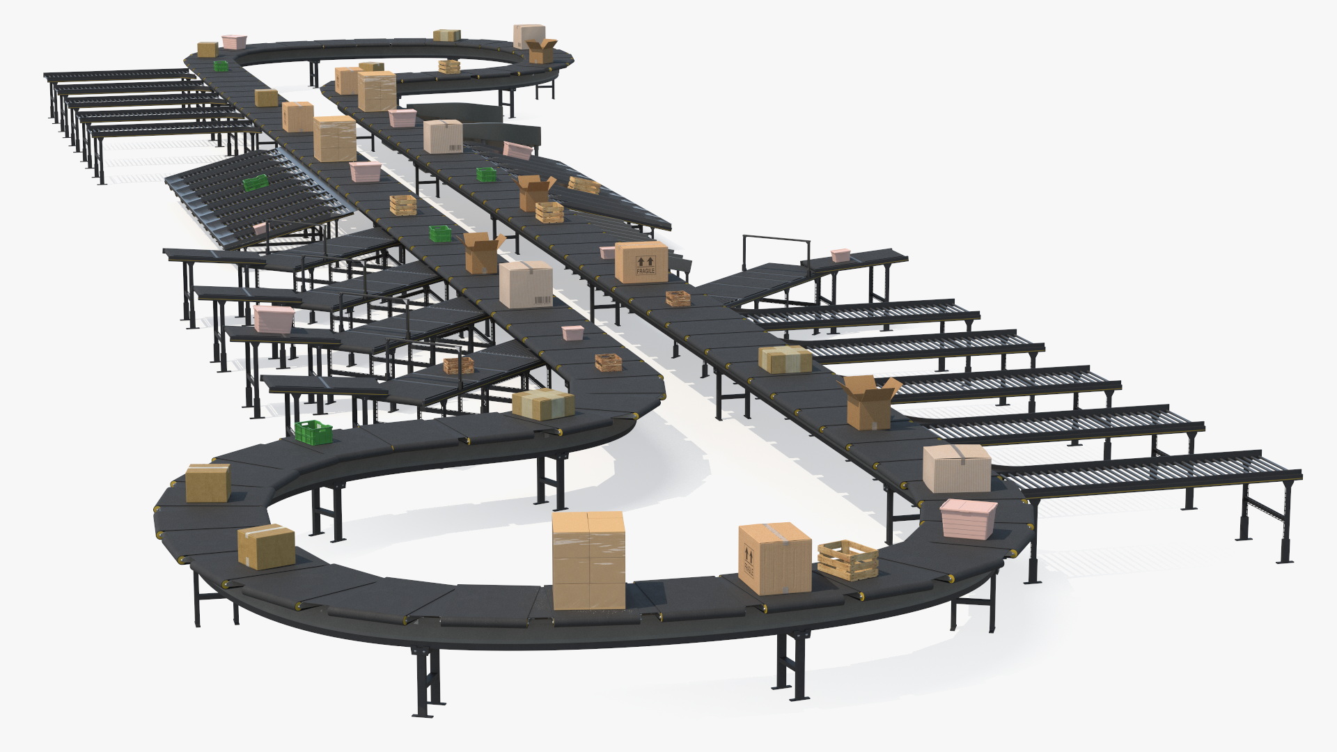 3D Cross Belt Sorter with Boxes model