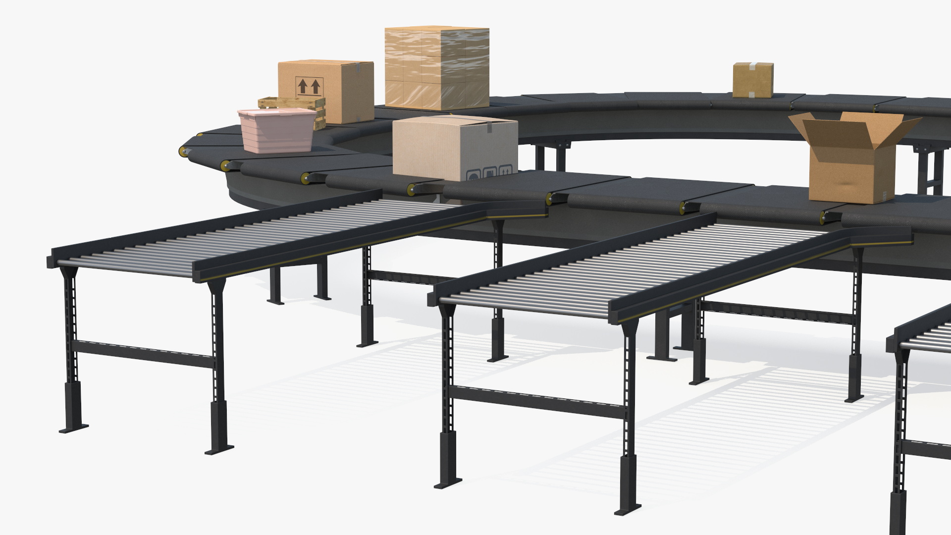 3D Cross Belt Sorter with Boxes model