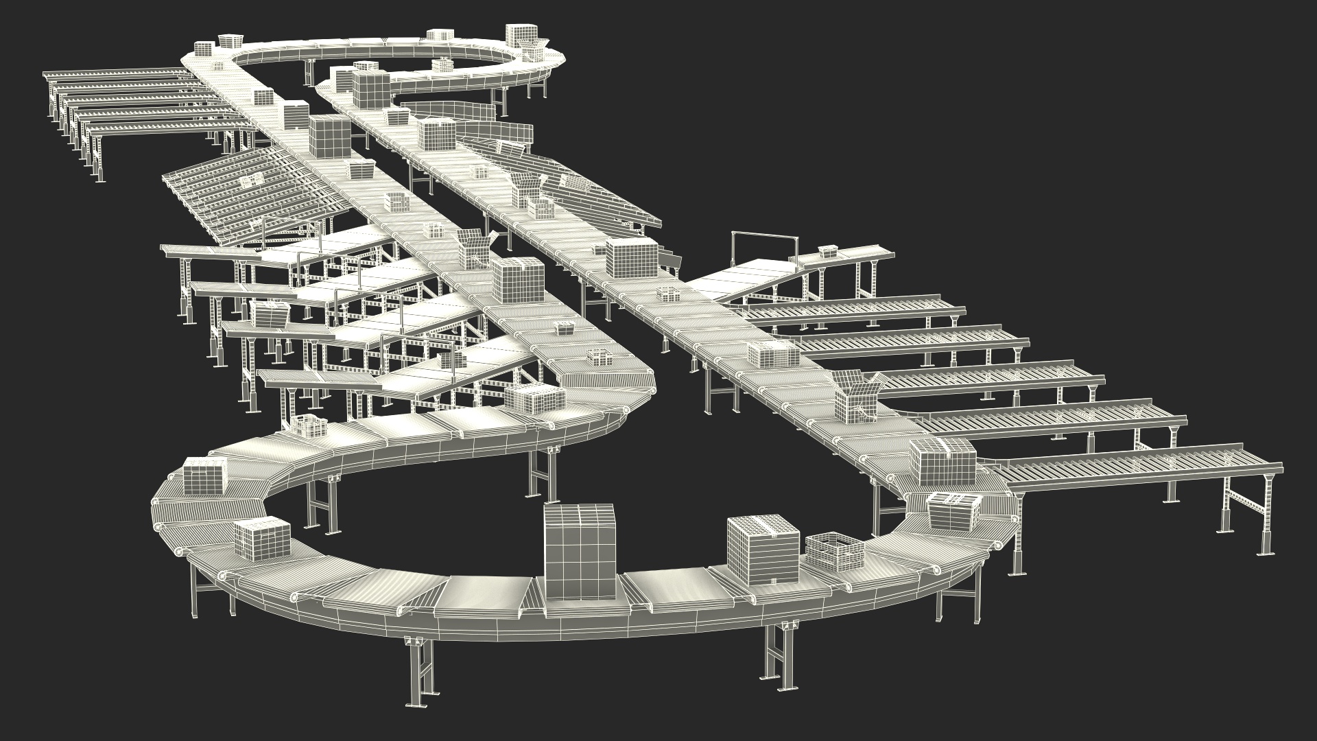 3D Cross Belt Sorter with Boxes model