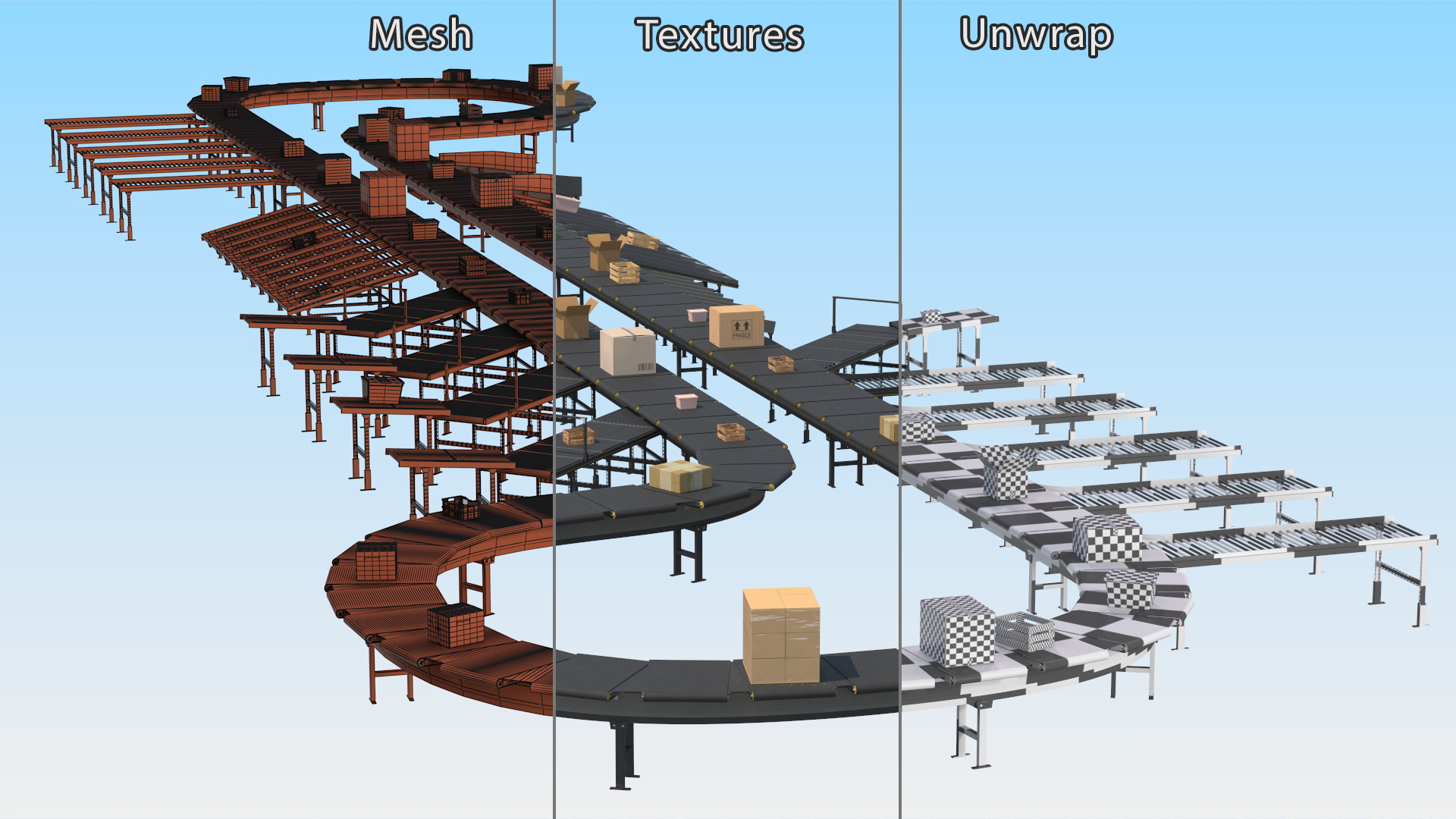 3D Cross Belt Sorter with Boxes model