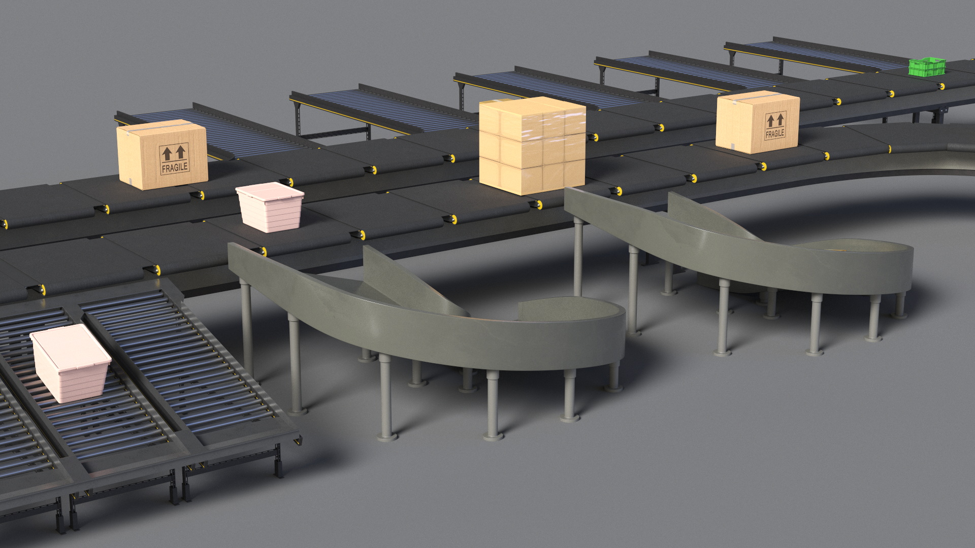 3D Cross Belt Sorter with Boxes model