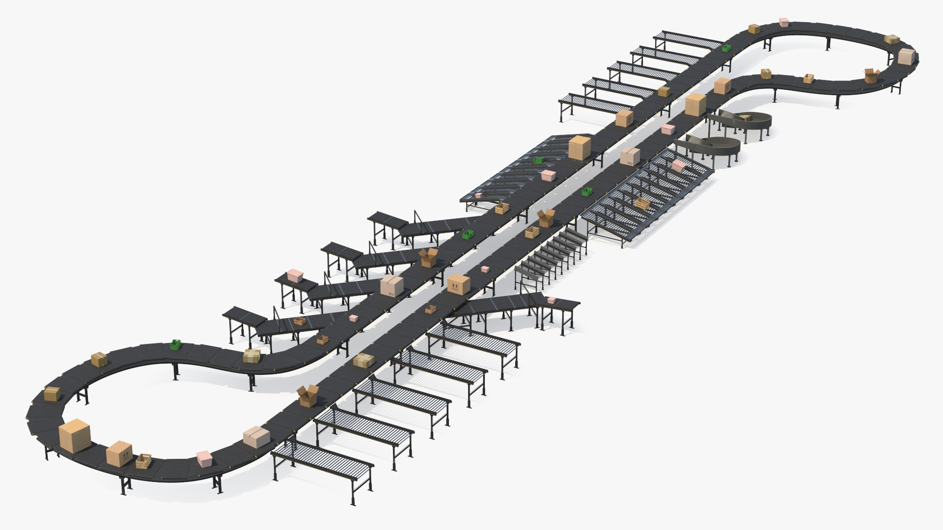 3D Cross Belt Sorter with Boxes model