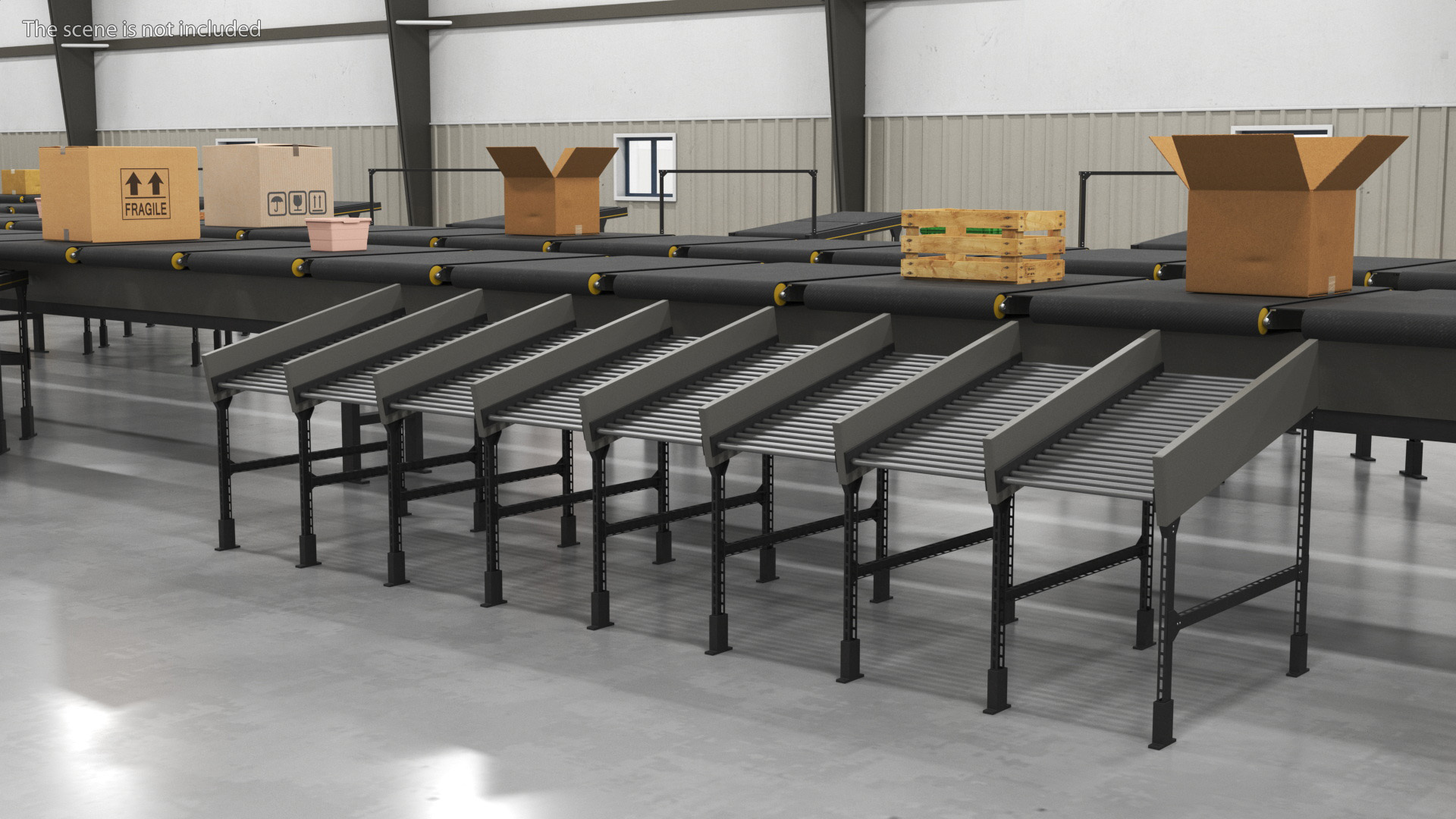 3D Cross Belt Sorter with Boxes model