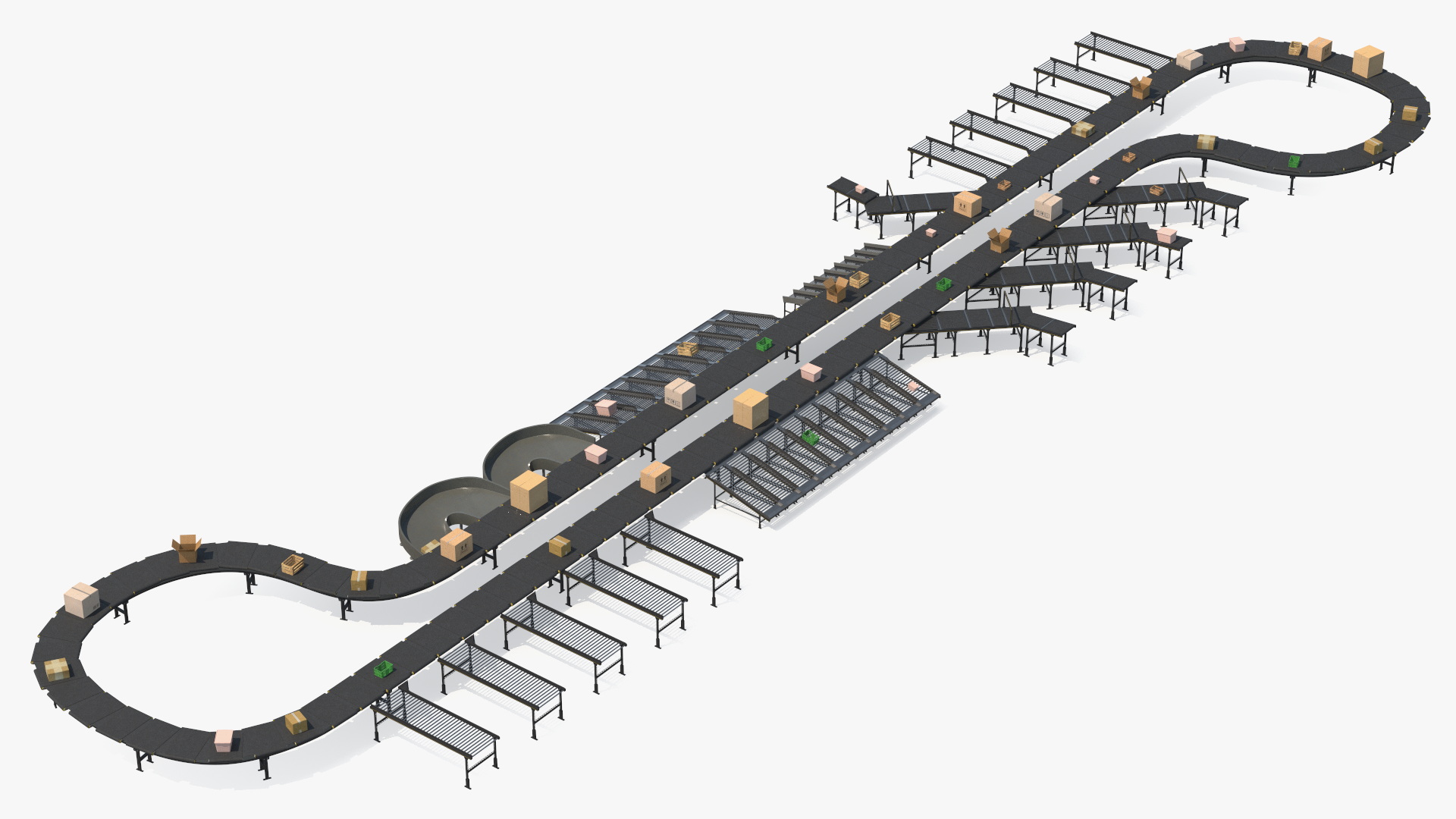 3D Cross Belt Sorter with Boxes model