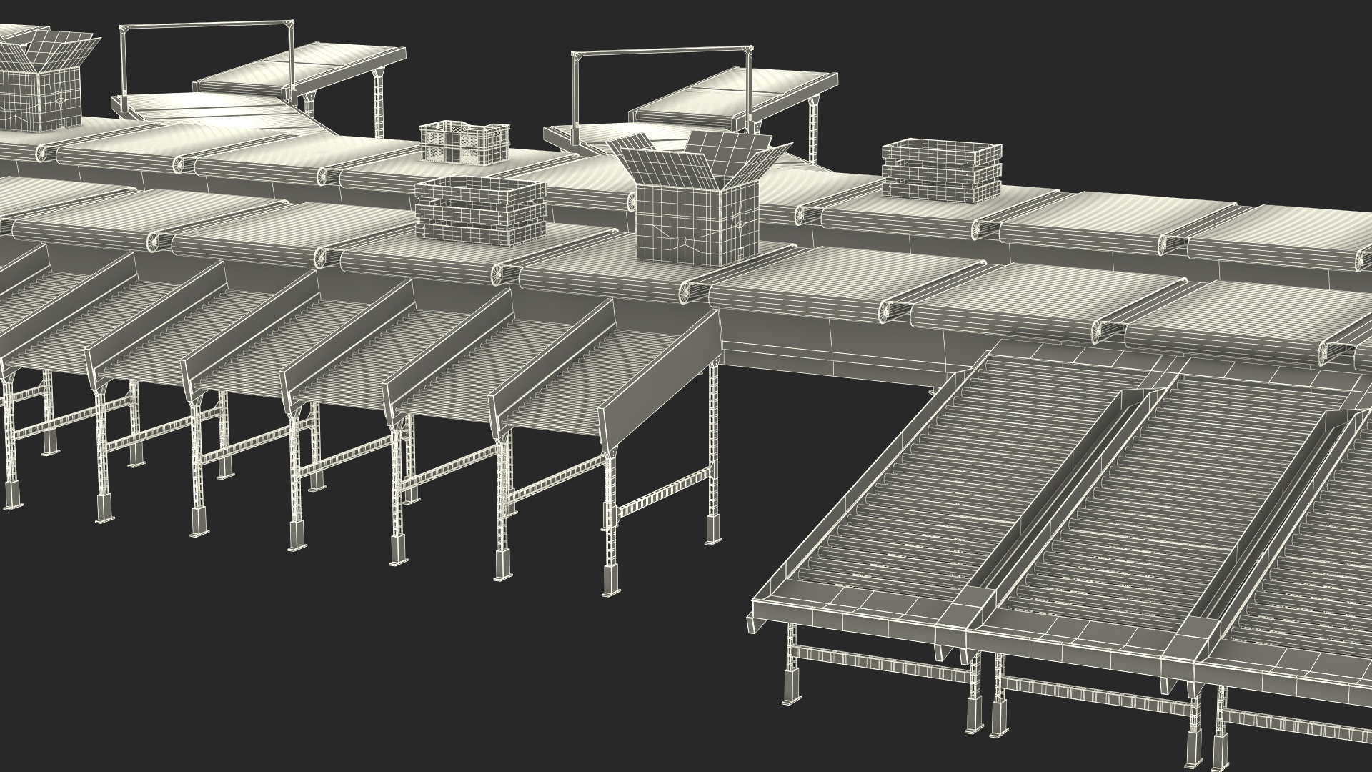 3D Cross Belt Sorter with Boxes model