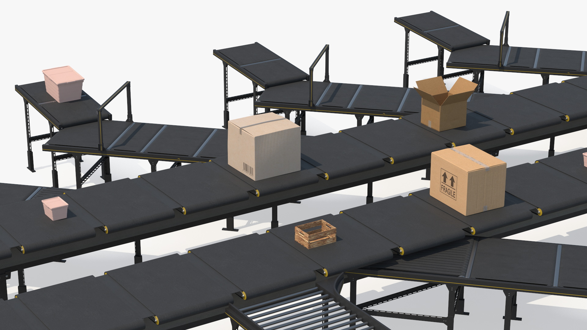 3D Cross Belt Sorter with Boxes model