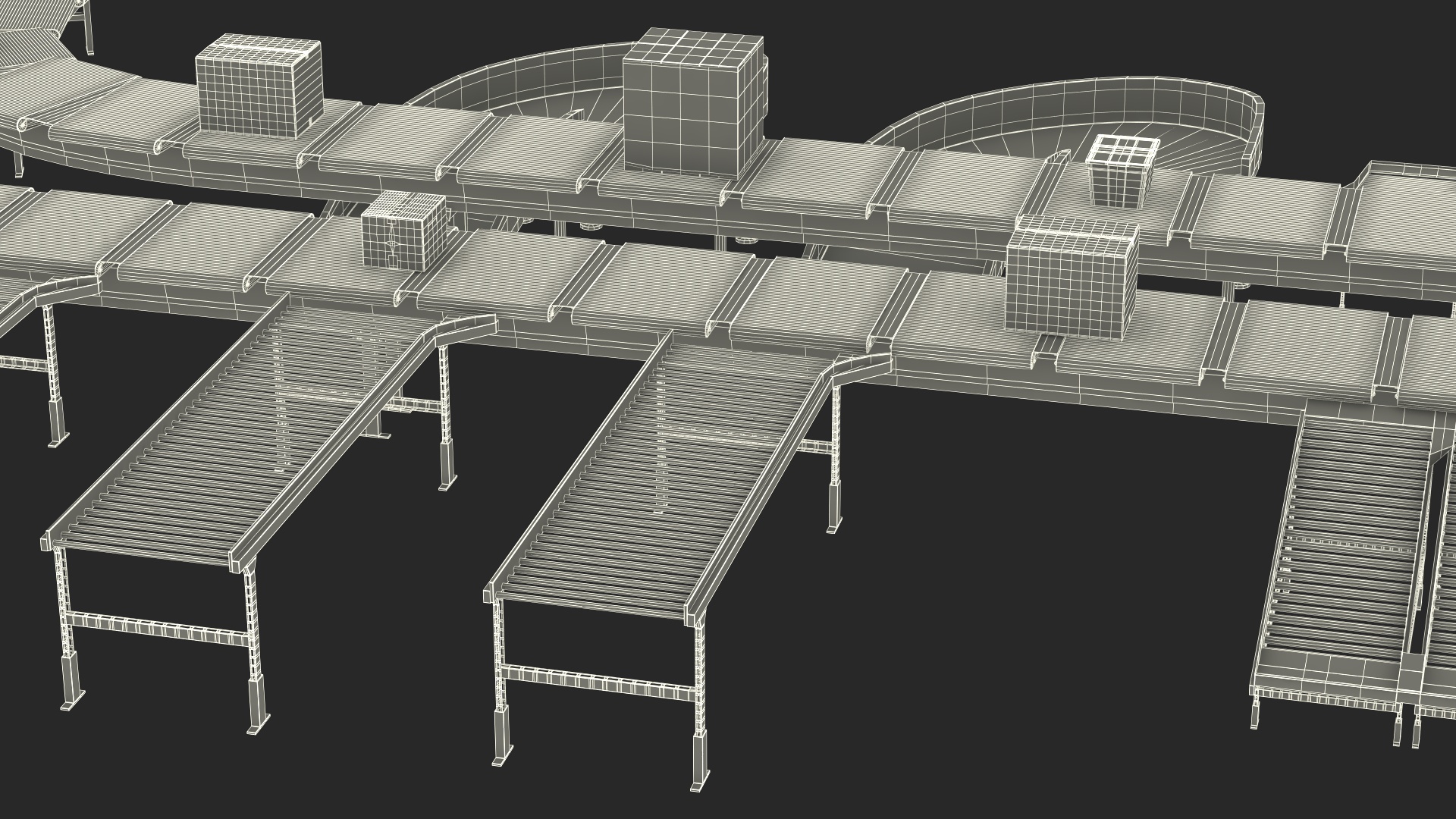 3D Cross Belt Sorter with Boxes model