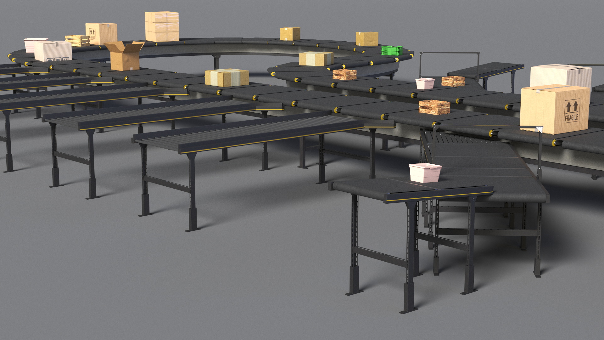 3D Cross Belt Sorter with Boxes model