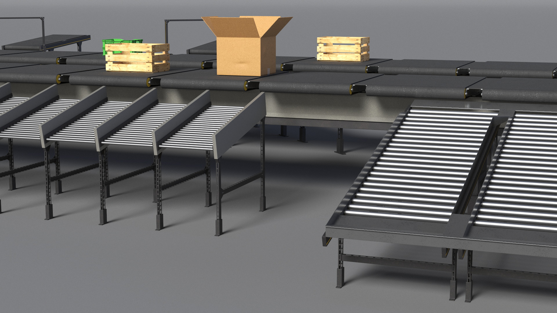 3D Cross Belt Sorter with Boxes model