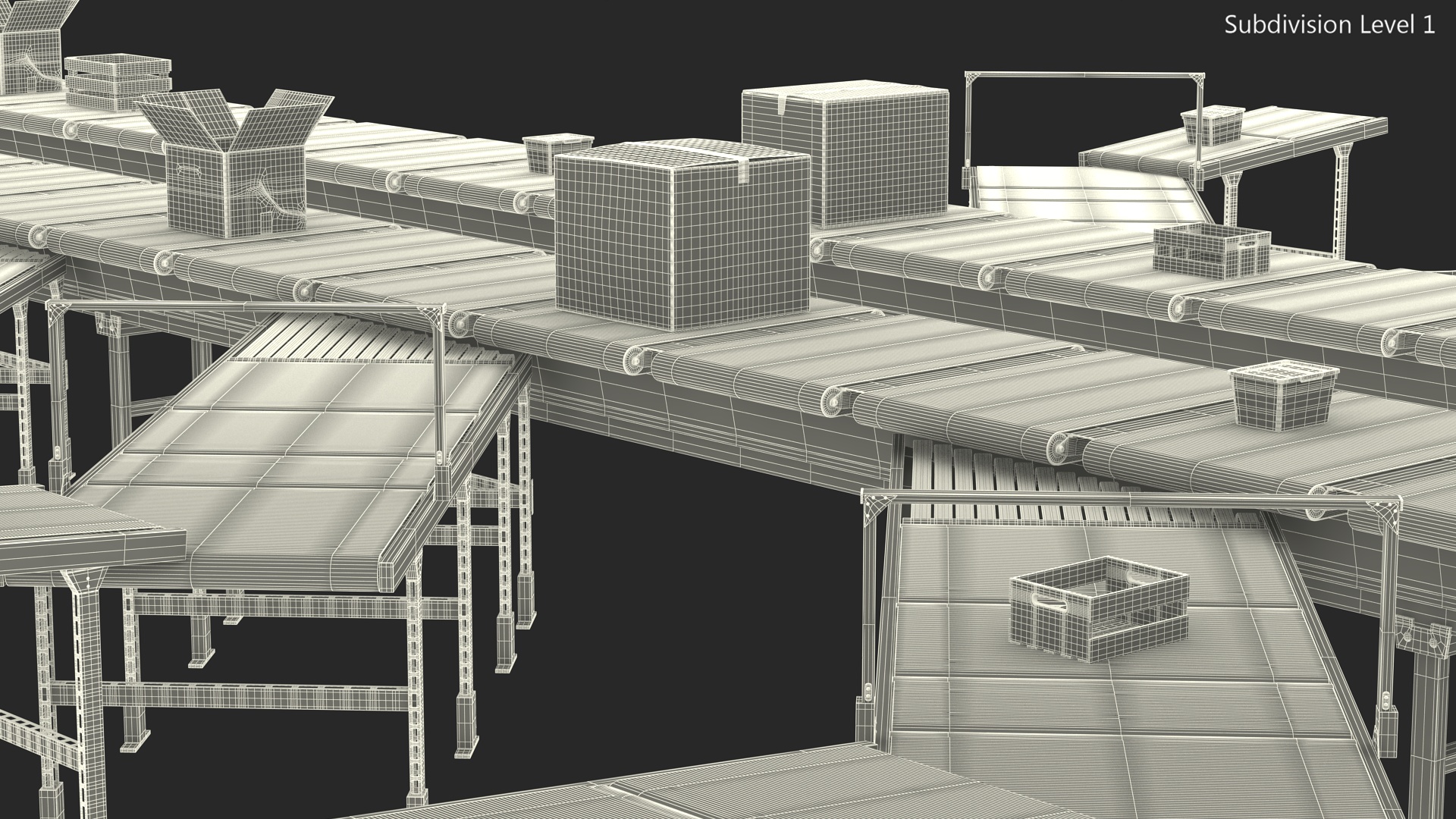 3D Cross Belt Sorter with Boxes model