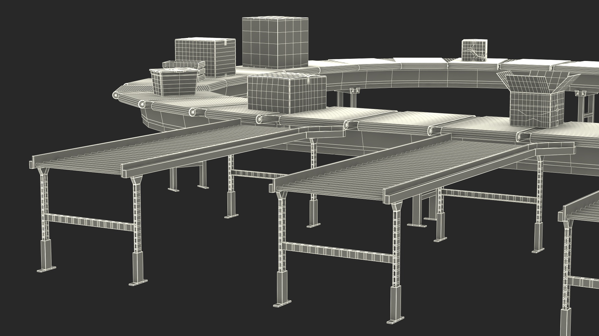 3D Cross Belt Sorter with Boxes model