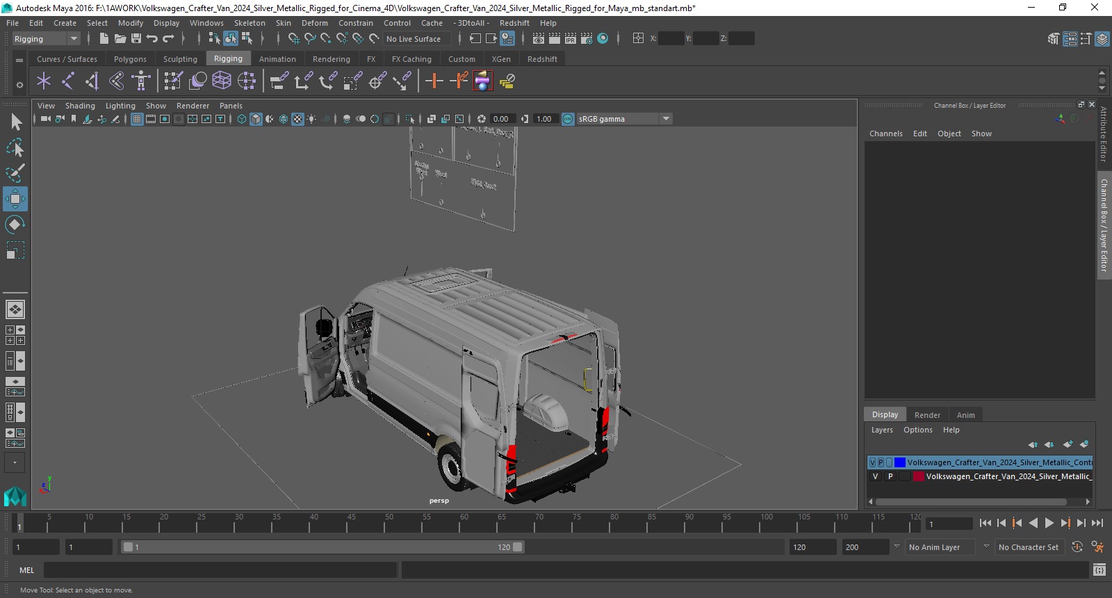 Volkswagen Crafter Van 2024 Silver Metallic Rigged for Maya 3D model