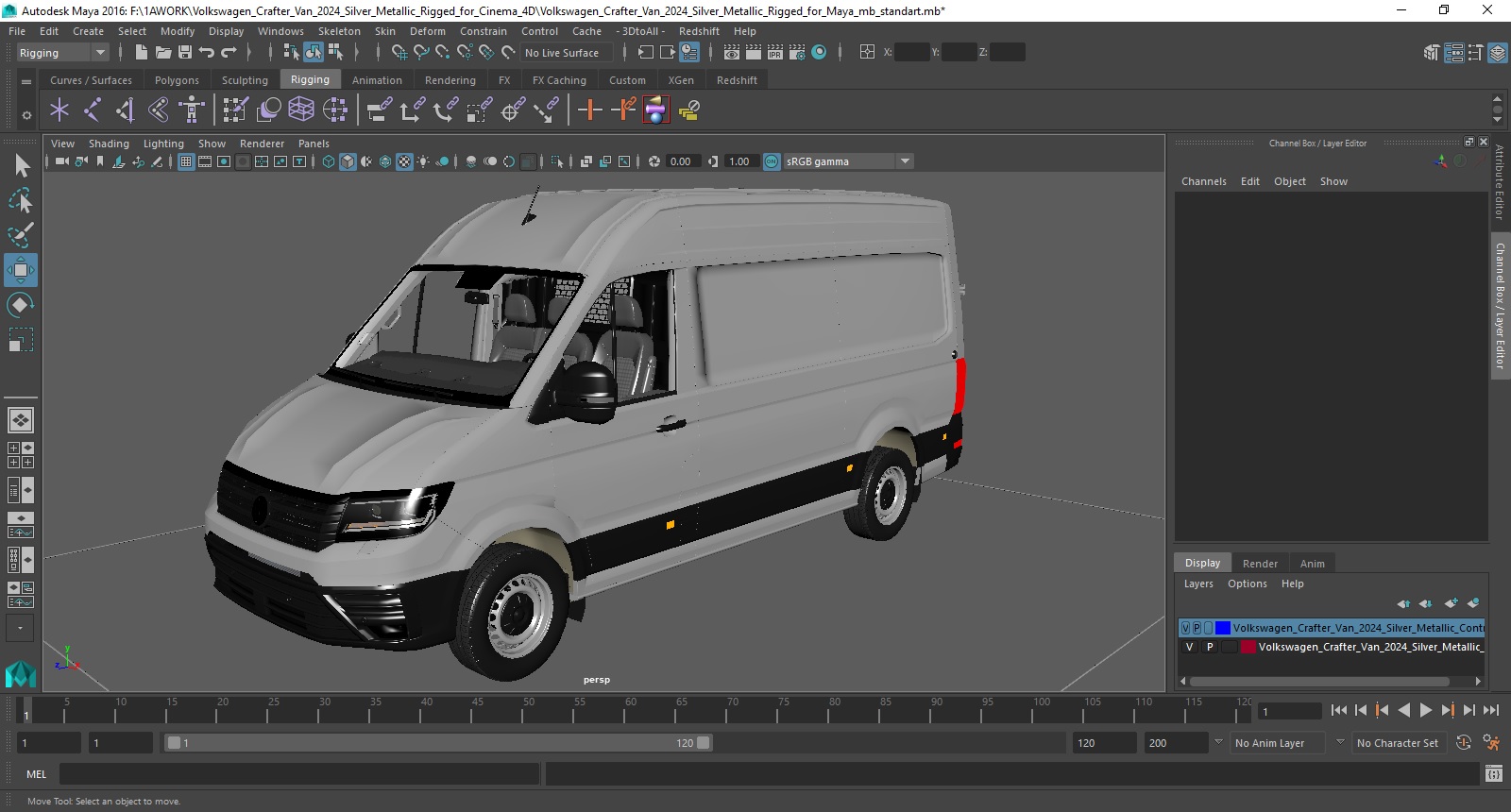 Volkswagen Crafter Van 2024 Silver Metallic Rigged for Maya 3D model