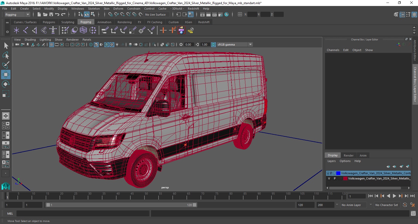 Volkswagen Crafter Van 2024 Silver Metallic Rigged for Maya 3D model