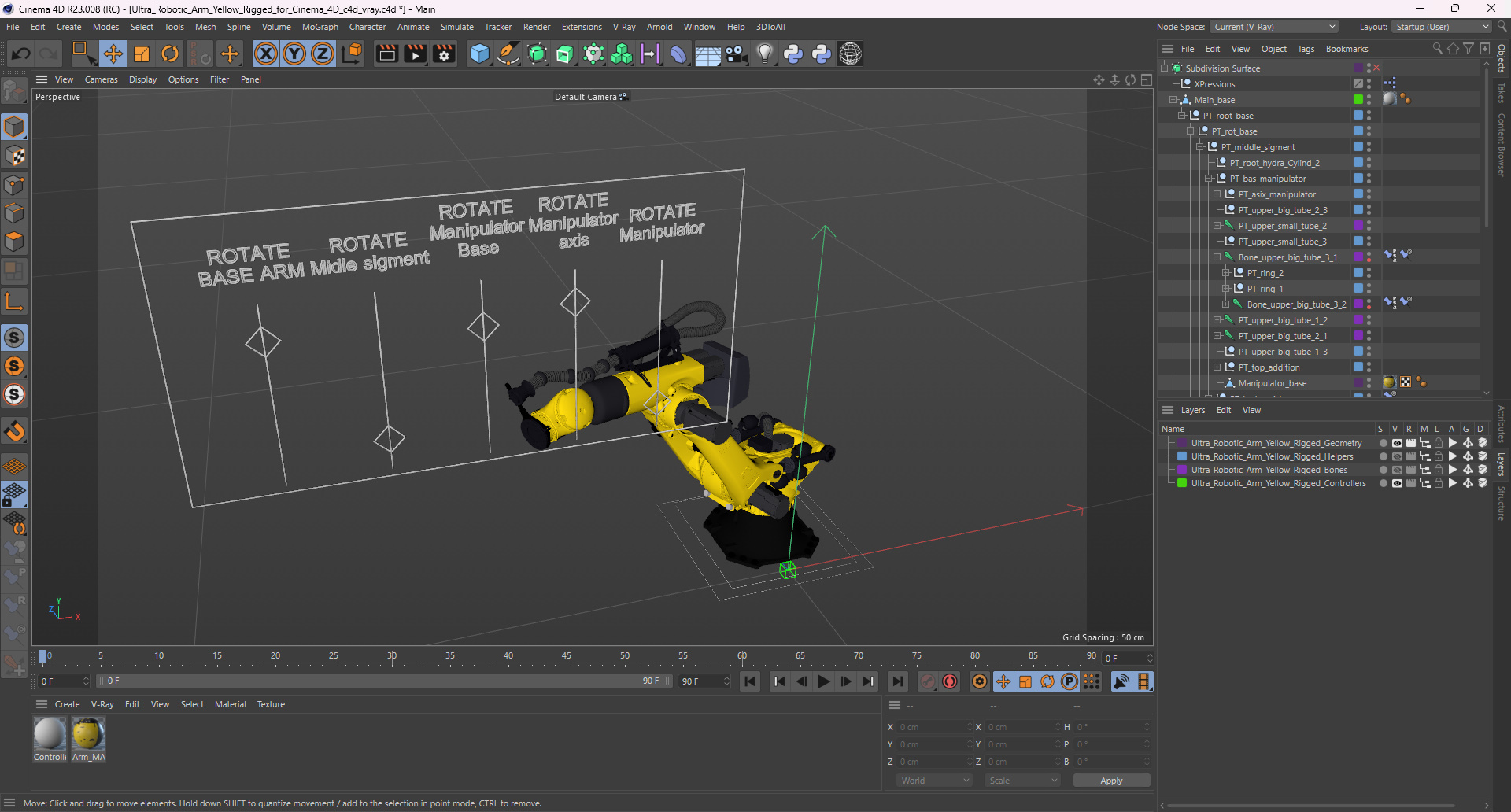 3D model Ultra Robotic Arm Yellow Rigged for Cinema 4D