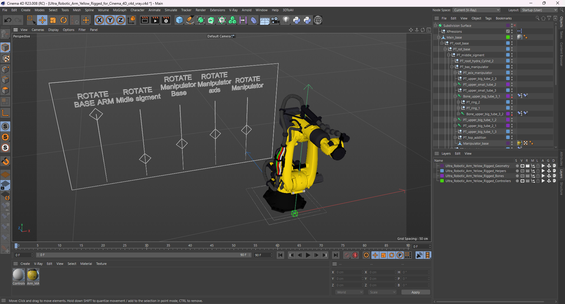 3D model Ultra Robotic Arm Yellow Rigged for Cinema 4D