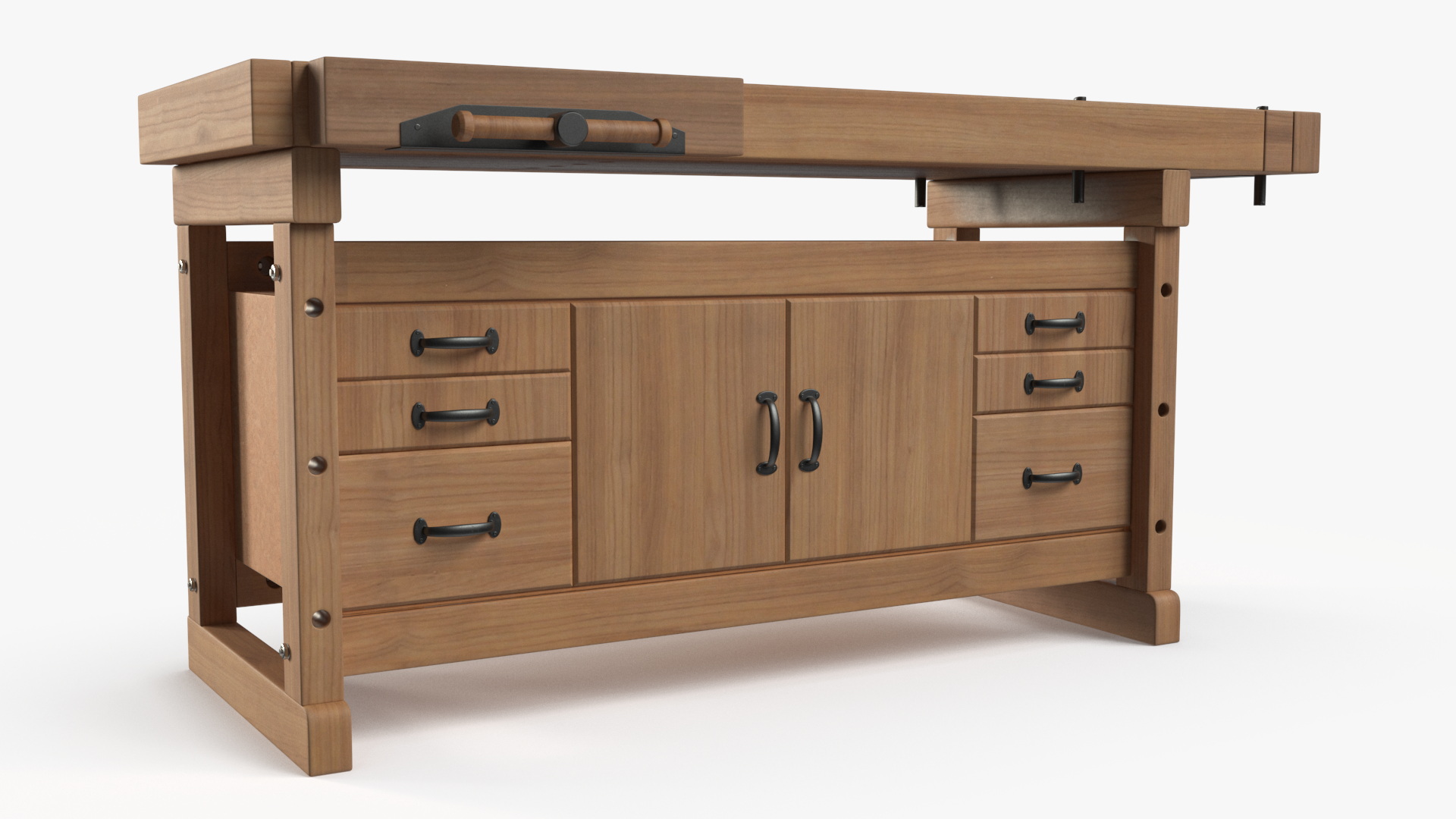 3D Oak Workbench with Drawers and Cabinet model