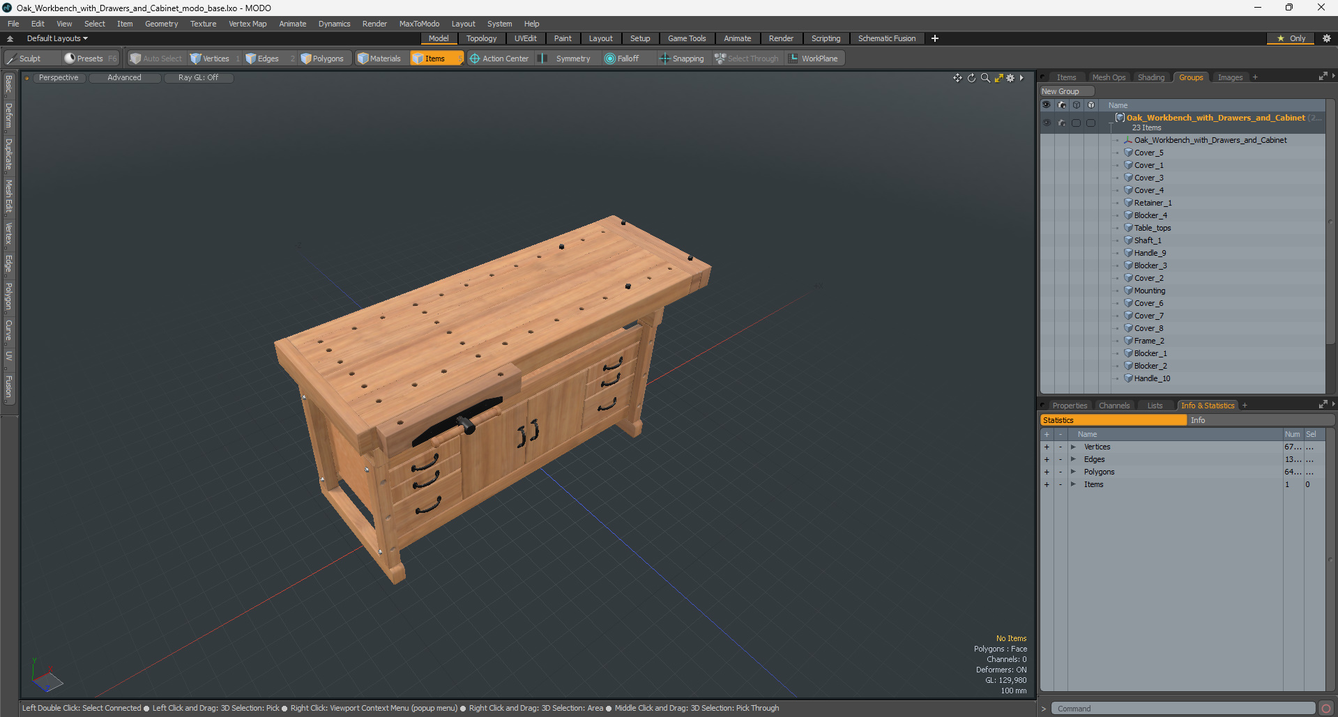 3D Oak Workbench with Drawers and Cabinet model