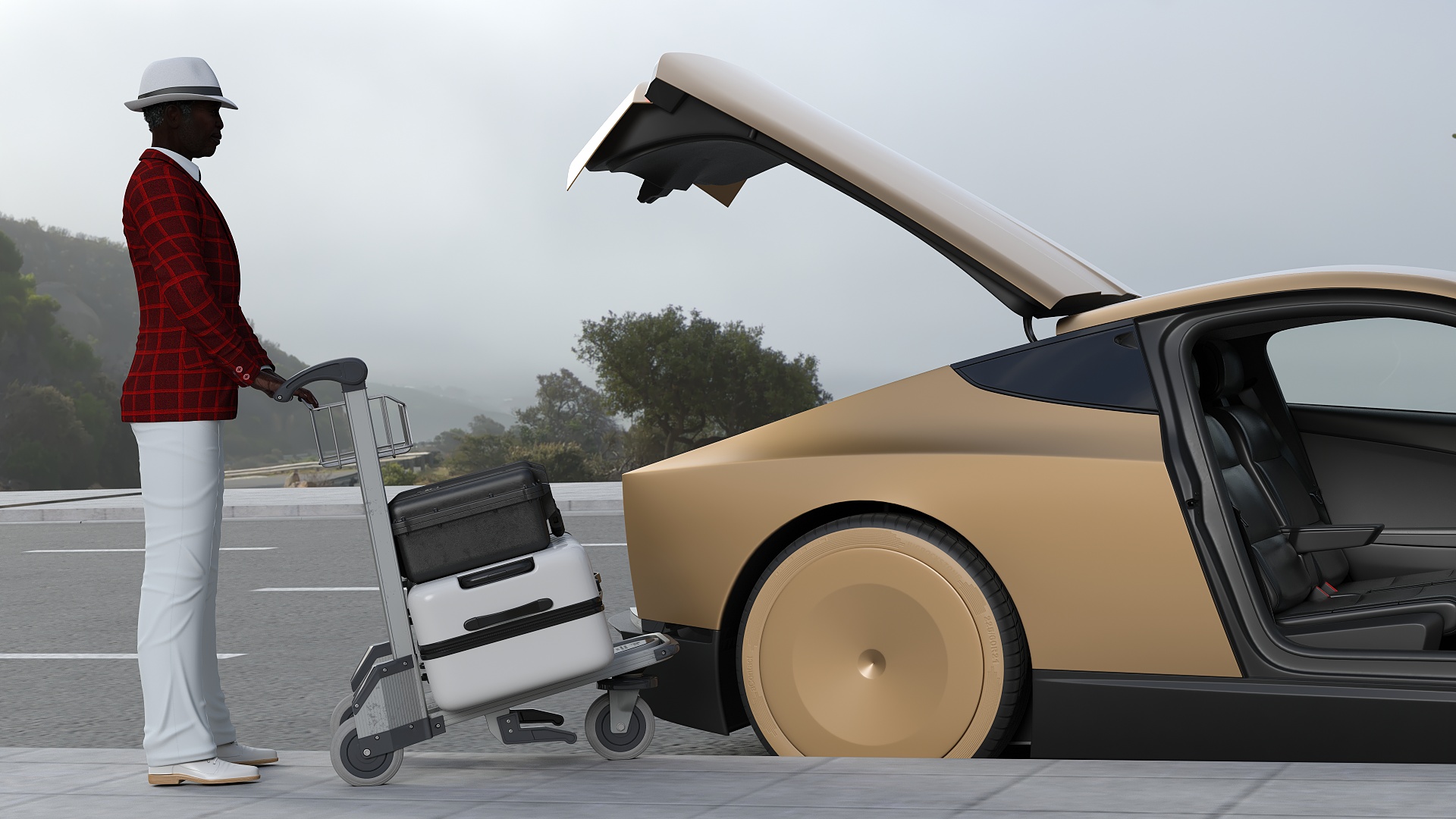 Tesla Cybercab Robotaxi and Man with Luggage 3D model