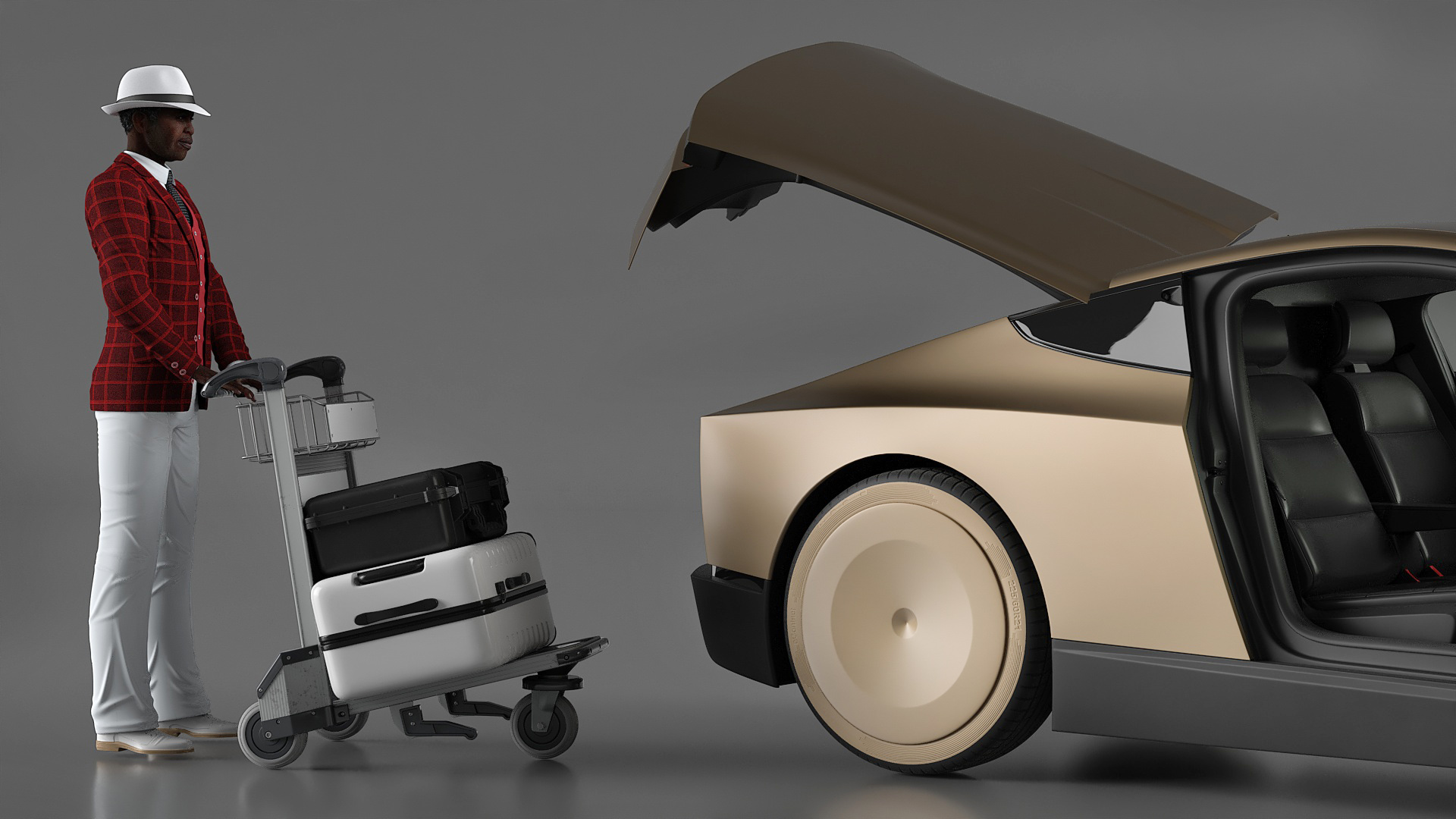 Tesla Cybercab Robotaxi and Man with Luggage 3D model