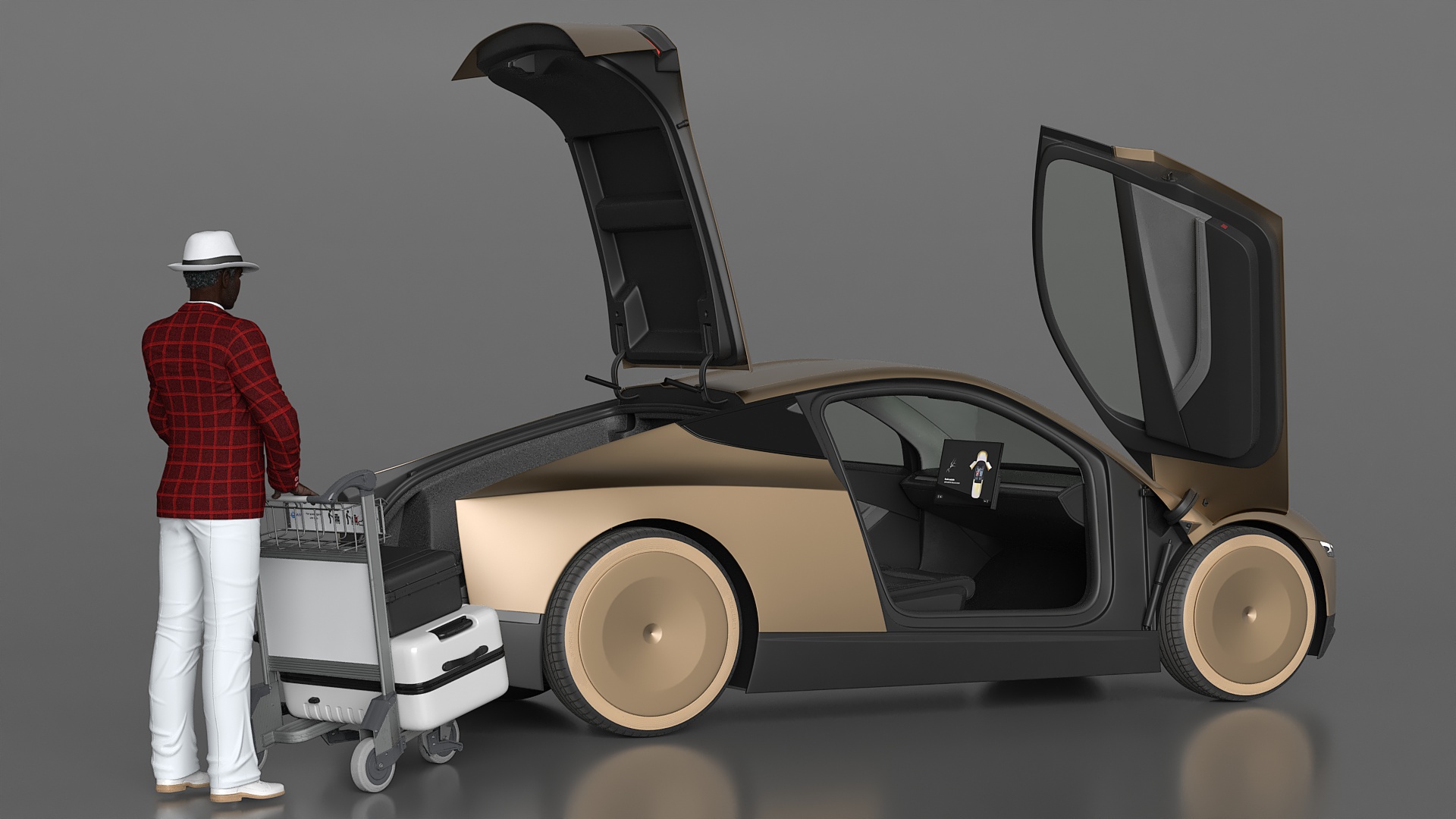 Tesla Cybercab Robotaxi and Man with Luggage 3D model