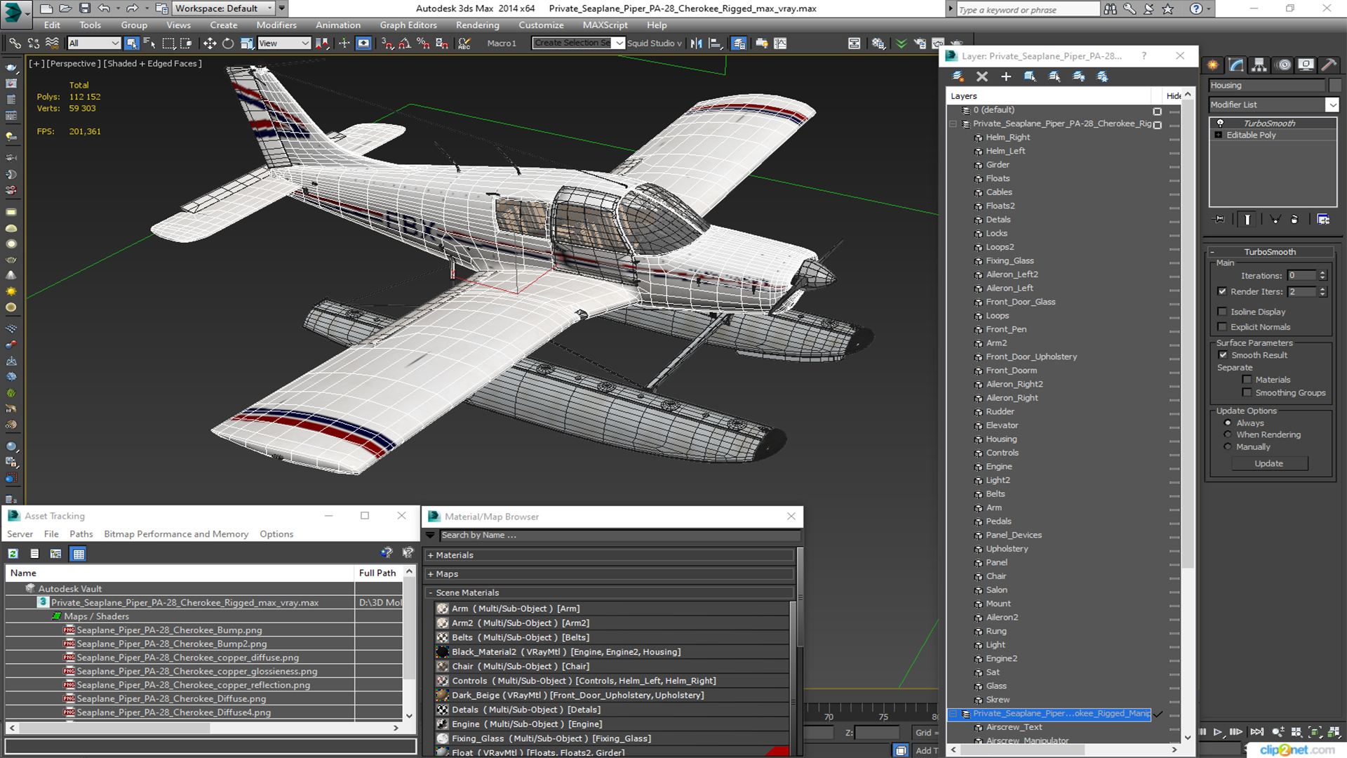 Private Seaplane Piper PA-28 Cherokee Rigged 3D model