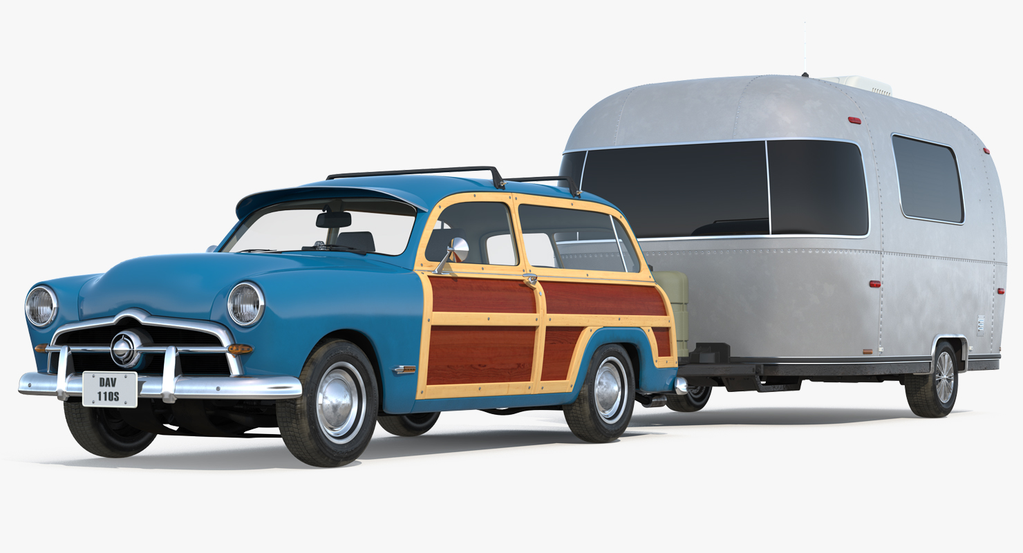 3D Retro Car with Retro Airstream Trailer model