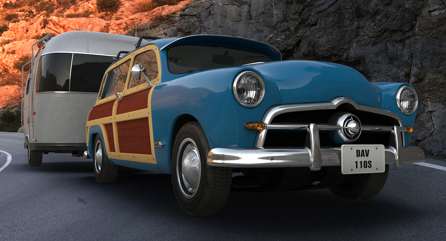 3D Retro Car with Retro Airstream Trailer model