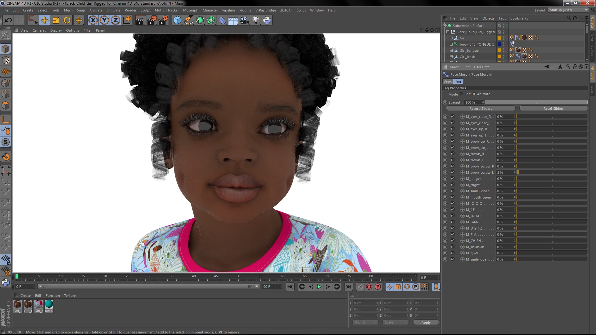 Black Child Girl Rigged for Cinema 4D 3D