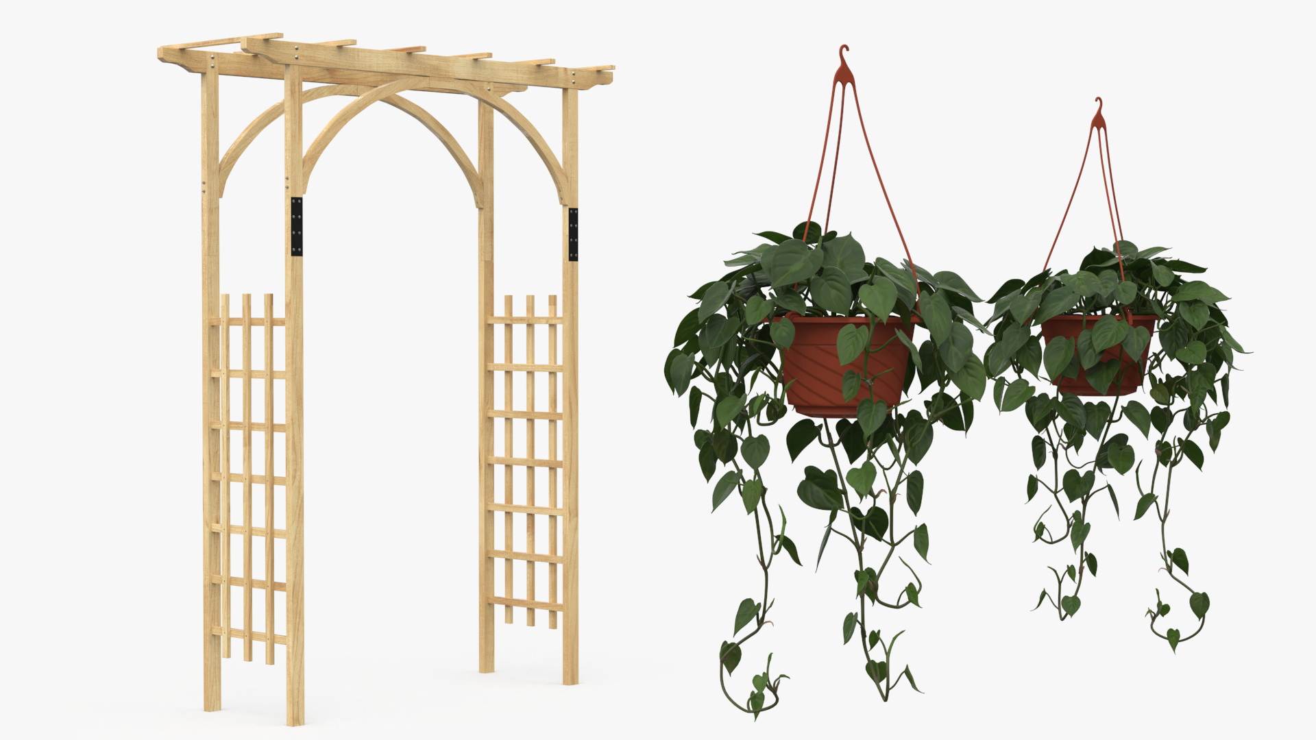 3D Garden Arch Trellis with Climbing Plants in Hanging Pots