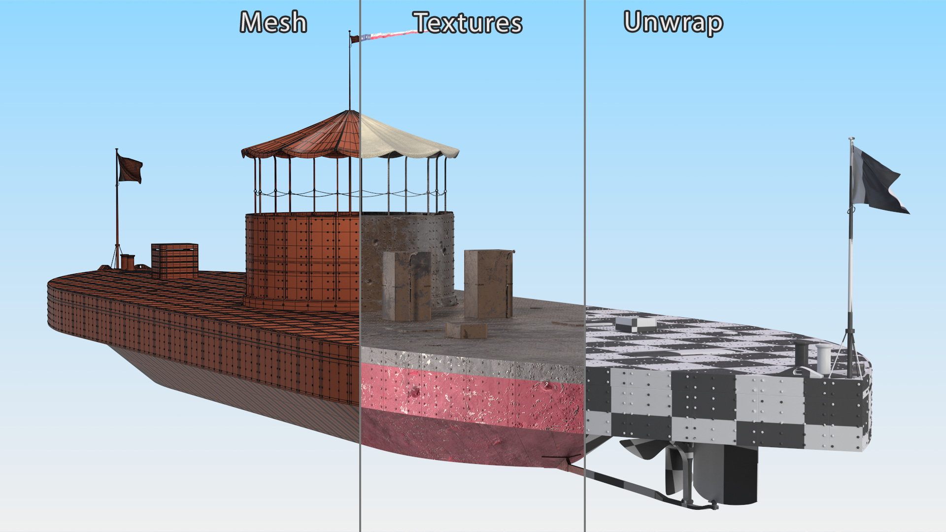 US Ironclad Warship Monitor with Tower Old 3D