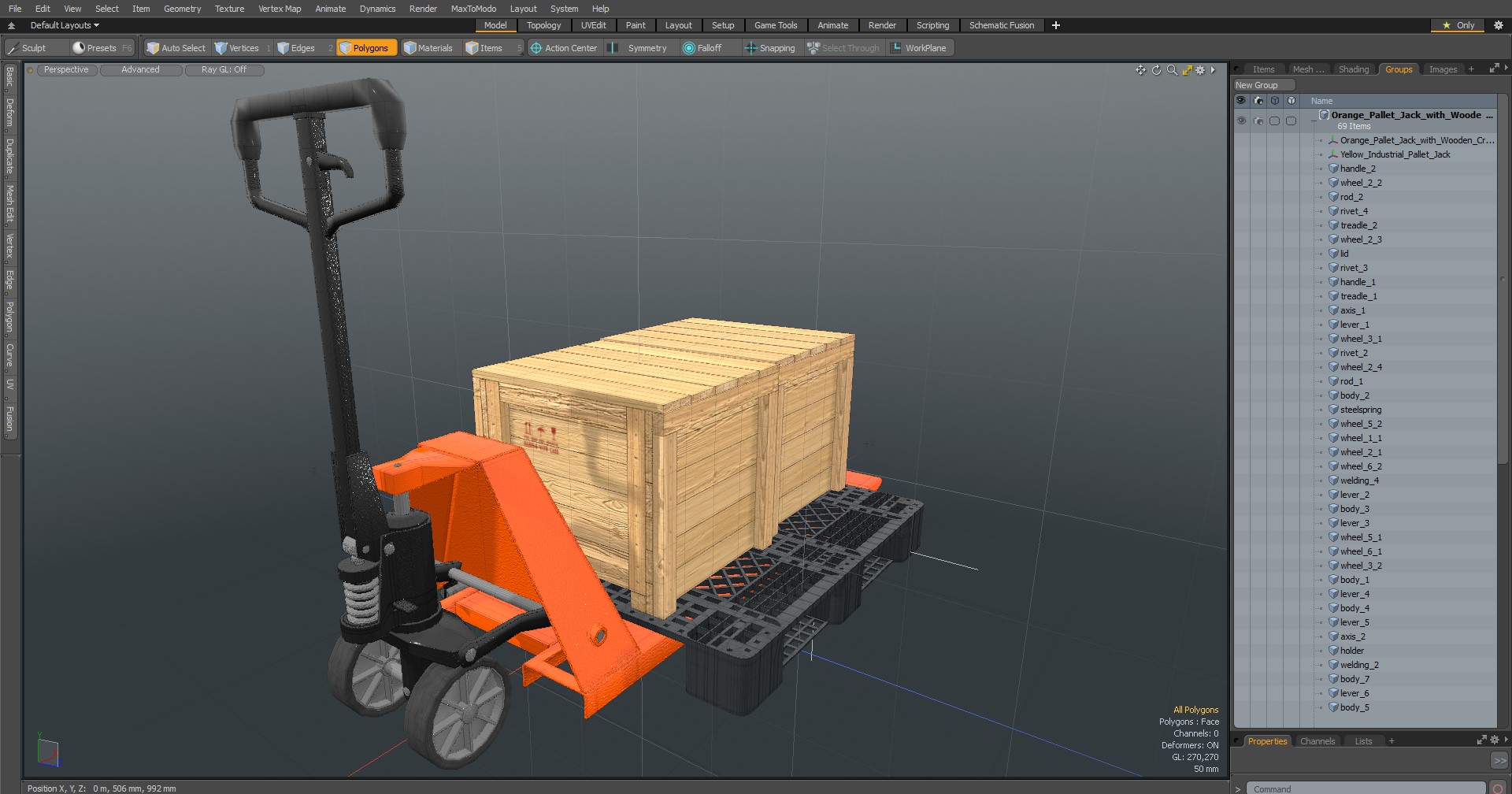 Orange Pallet Jack with Wooden Crates 3D